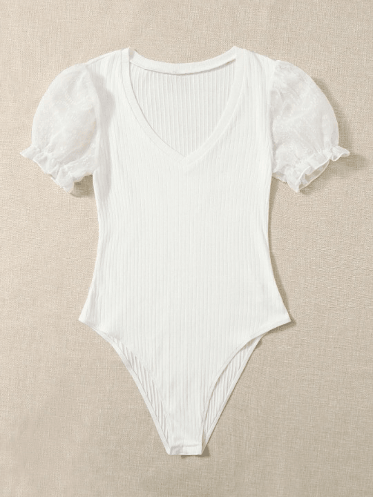 Swiss Dot Flounce Sleeve Rib-Knit Bodysuit-Comfy Jumpsuits