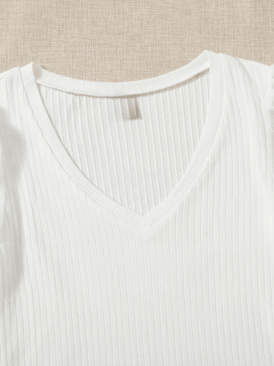 Swiss Dot Flounce Sleeve Rib-Knit Bodysuit-Comfy Jumpsuits