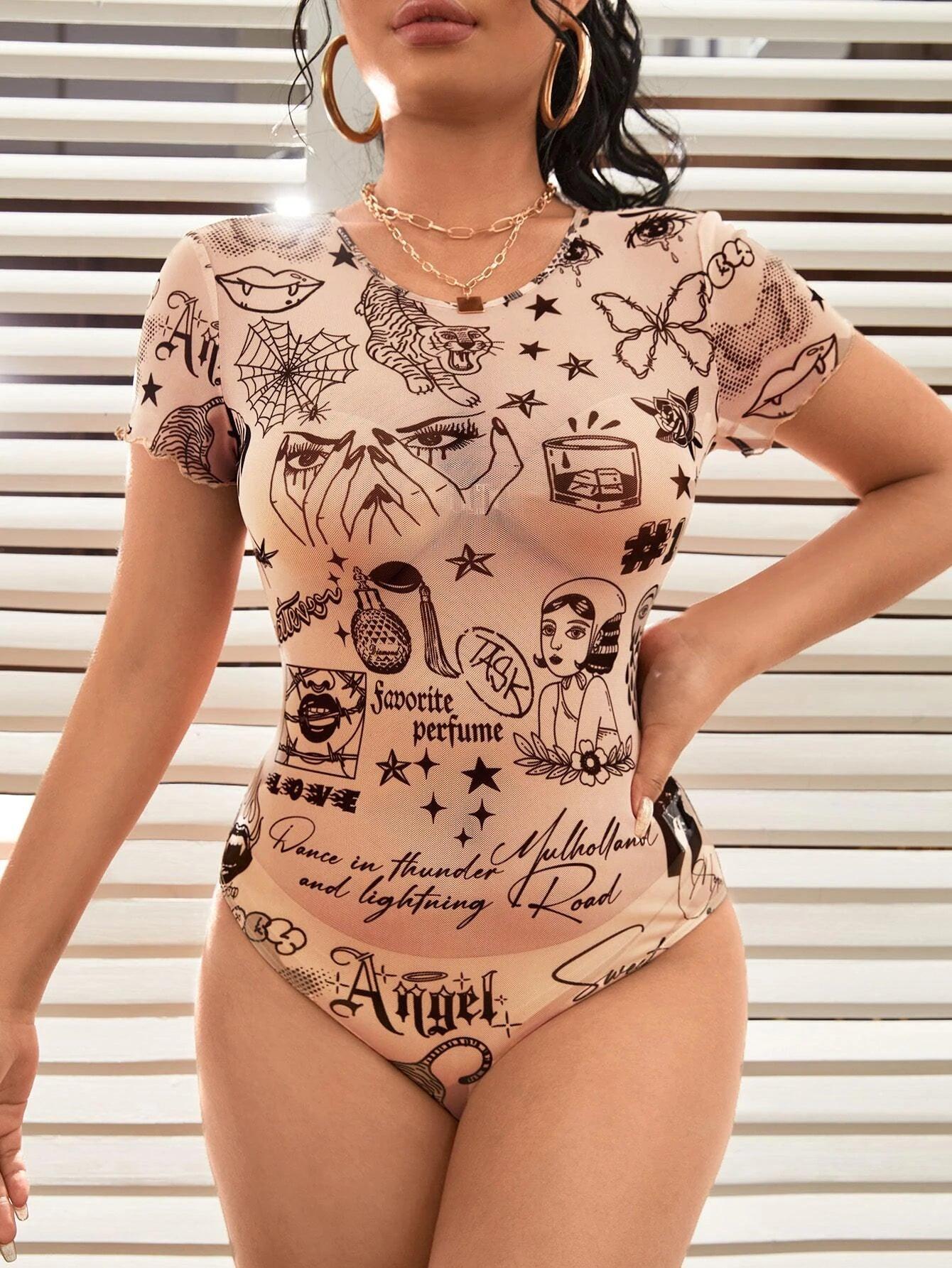 Graphic Lettuce Trim Mesh Bodysuit Without Lingerie Set-Comfy Jumpsuits