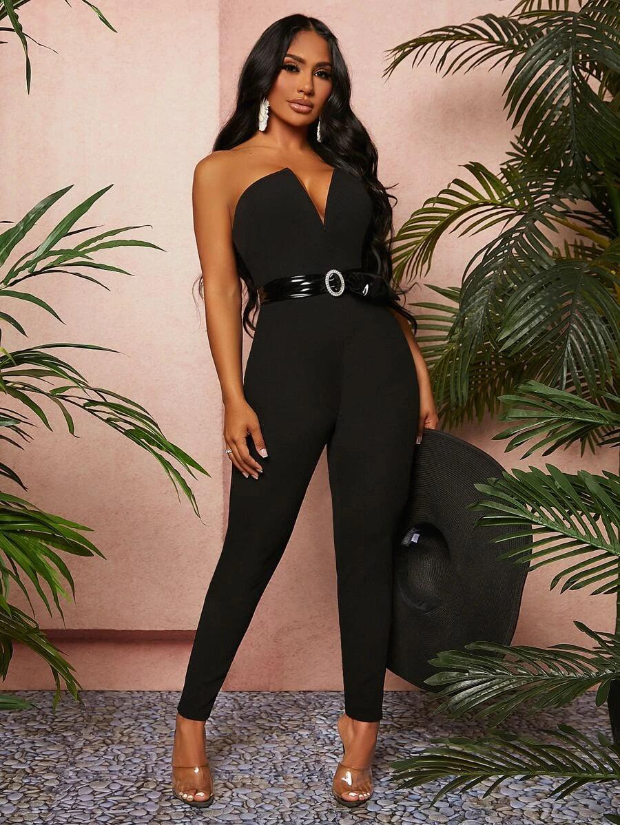 V Bar Tube Self Belted Jumpsuit-Comfy Jumpsuits