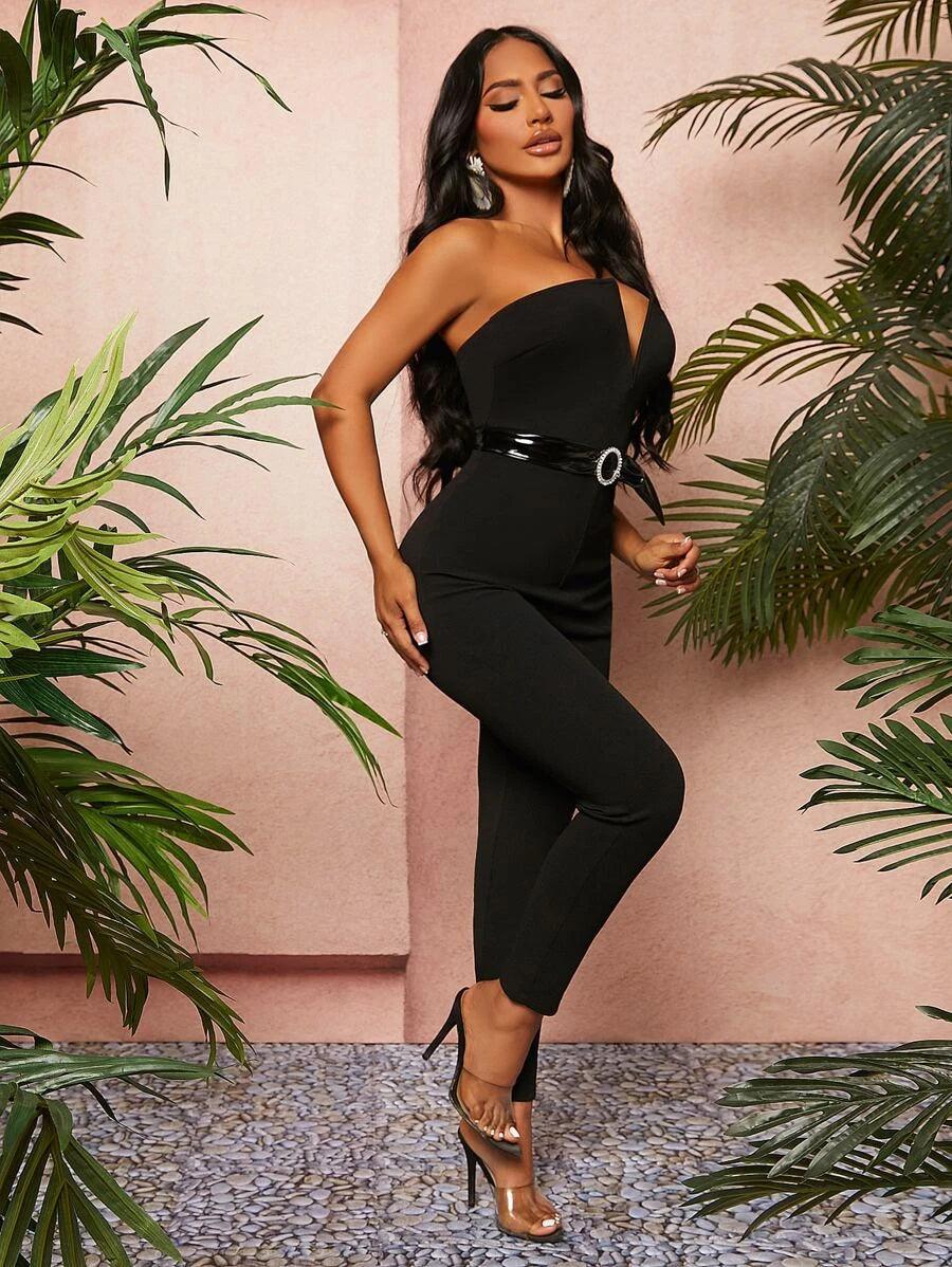 V Bar Tube Self Belted Jumpsuit-Comfy Jumpsuits