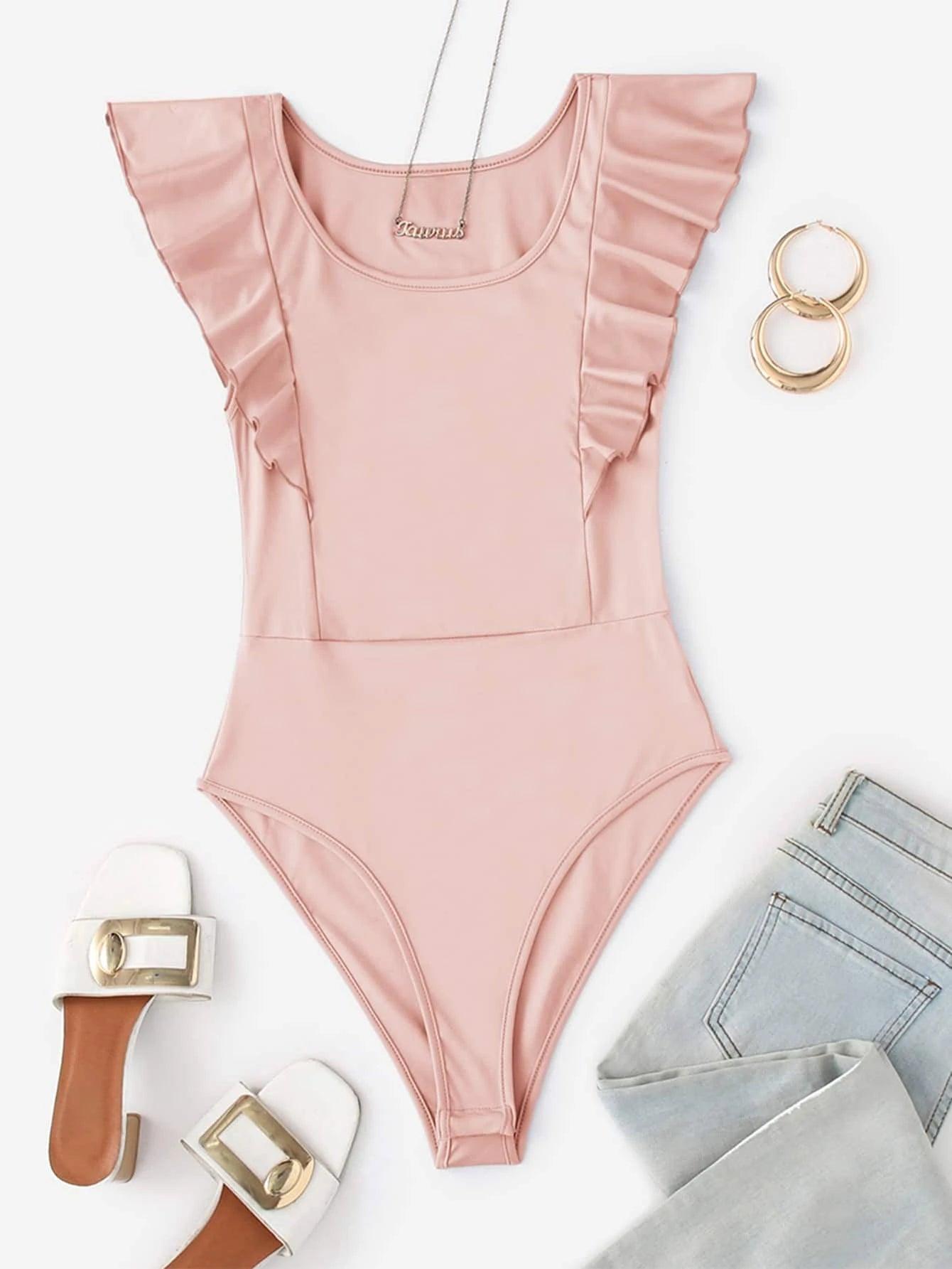 Solid Ruffle Armhole Bodysuit-Comfy Jumpsuits