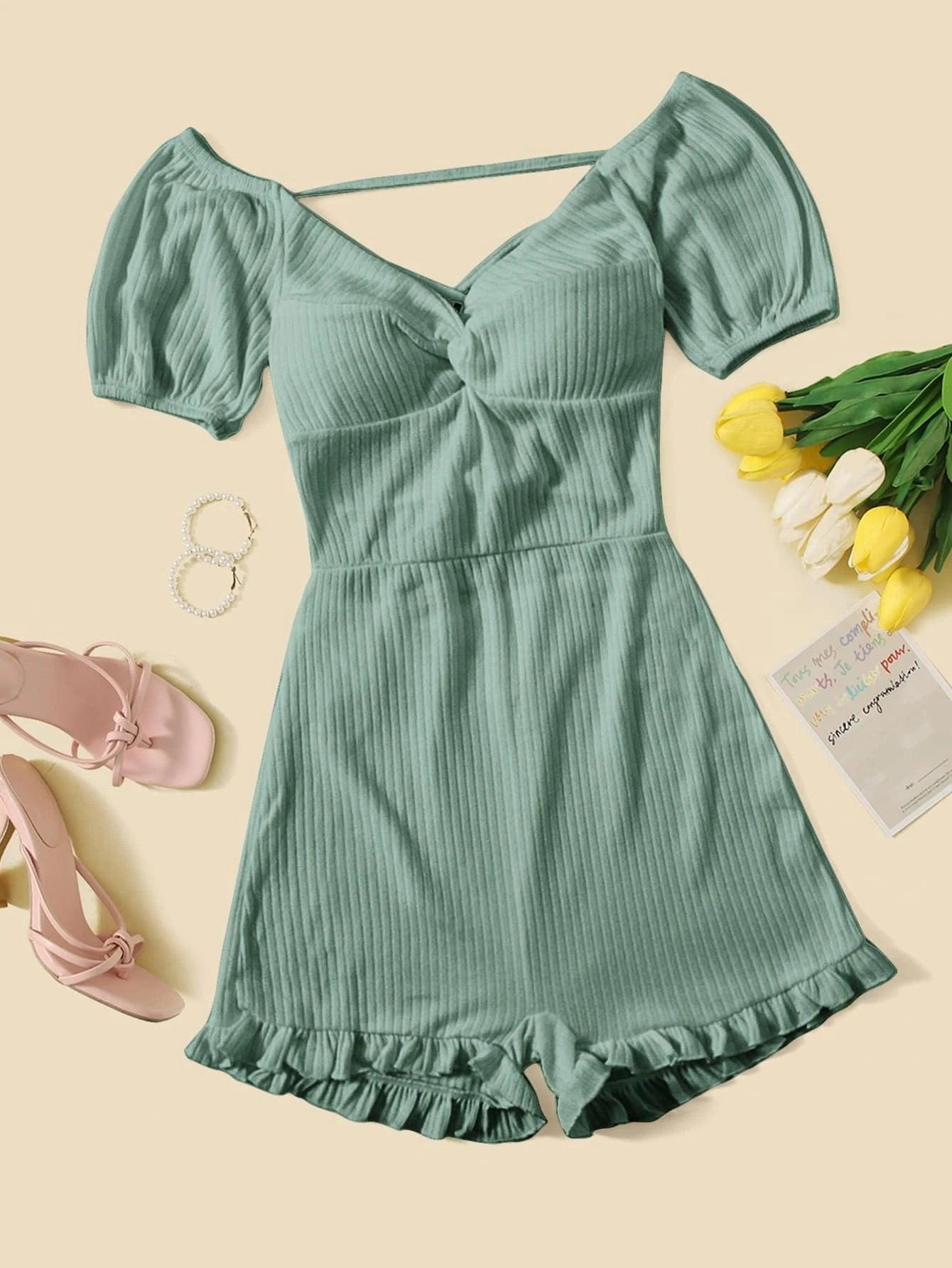 Lace Up Ruffle Hem Romper-Comfy Jumpsuits
