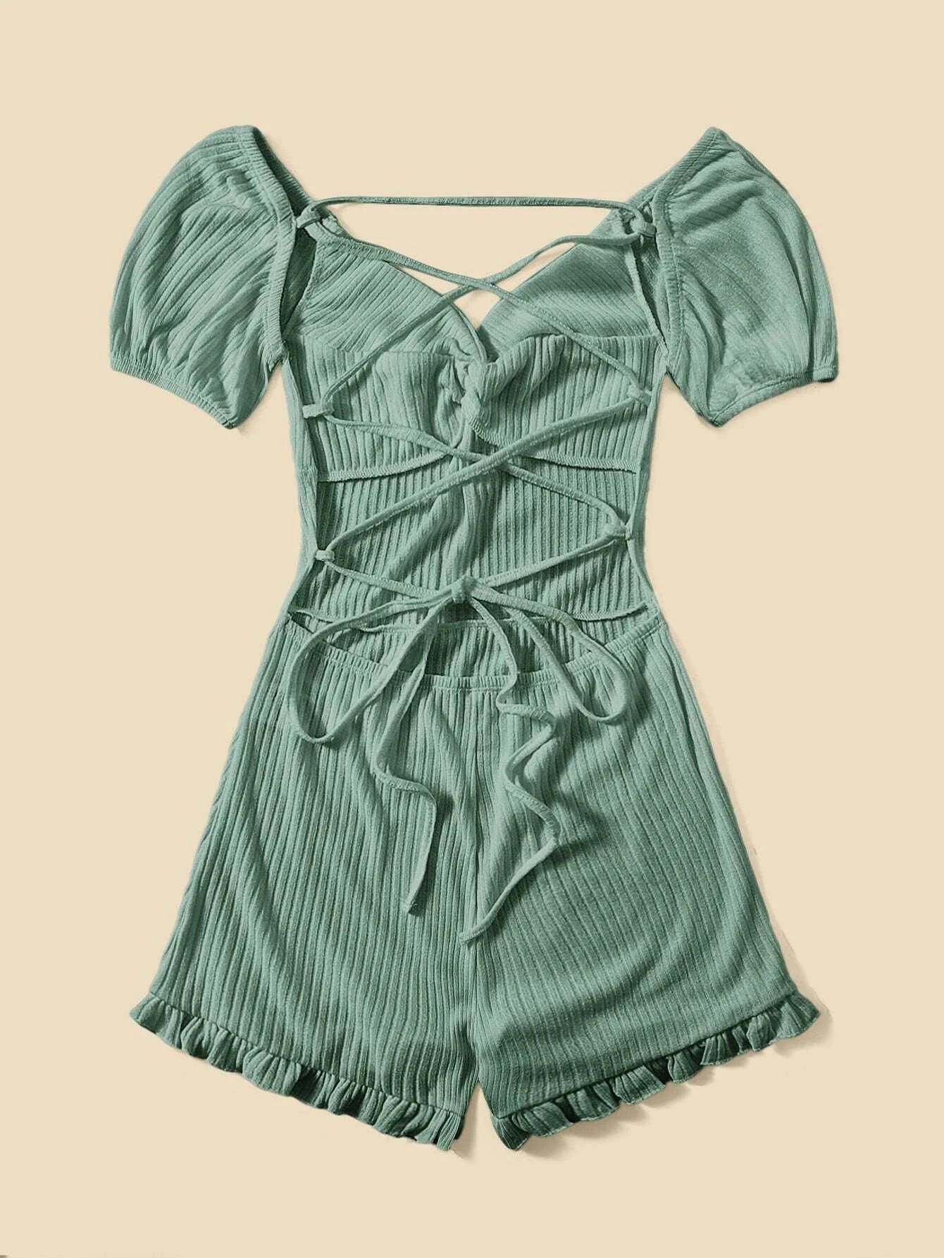 Lace Up Ruffle Hem Romper-Comfy Jumpsuits