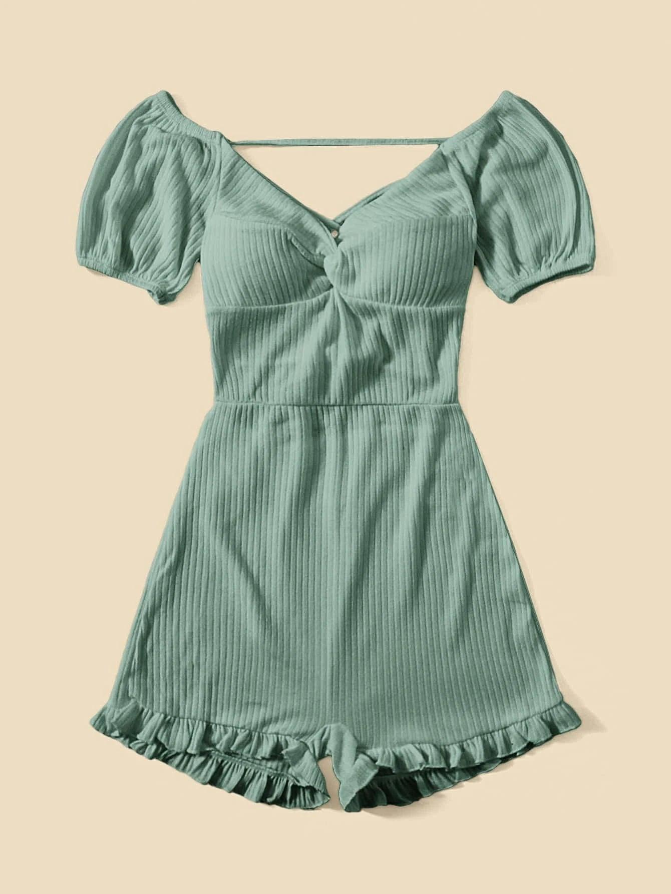 Lace Up Backless Ruffle Hem Romper-Comfy Jumpsuits