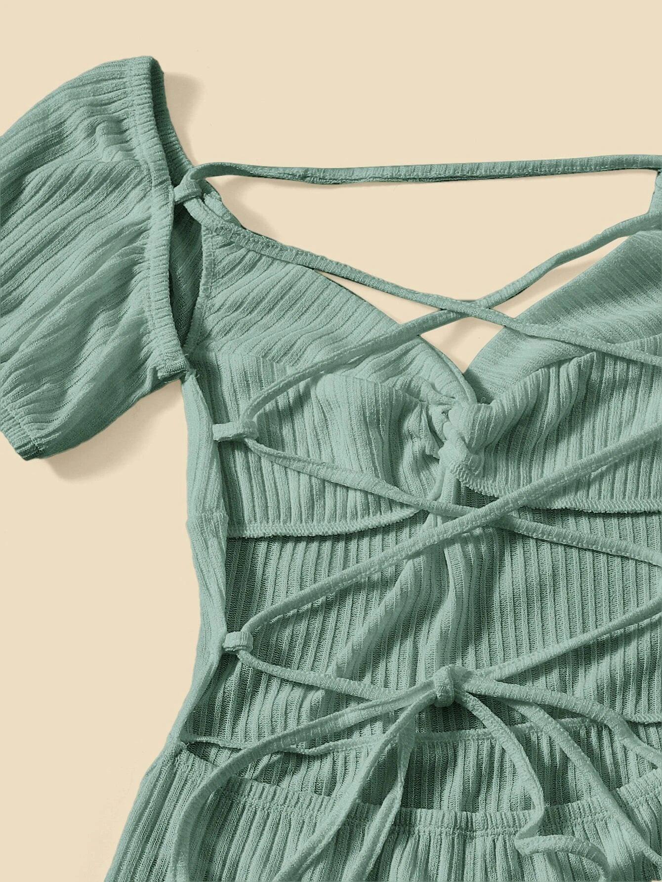 Lace Up Ruffle Hem Romper-Comfy Jumpsuits