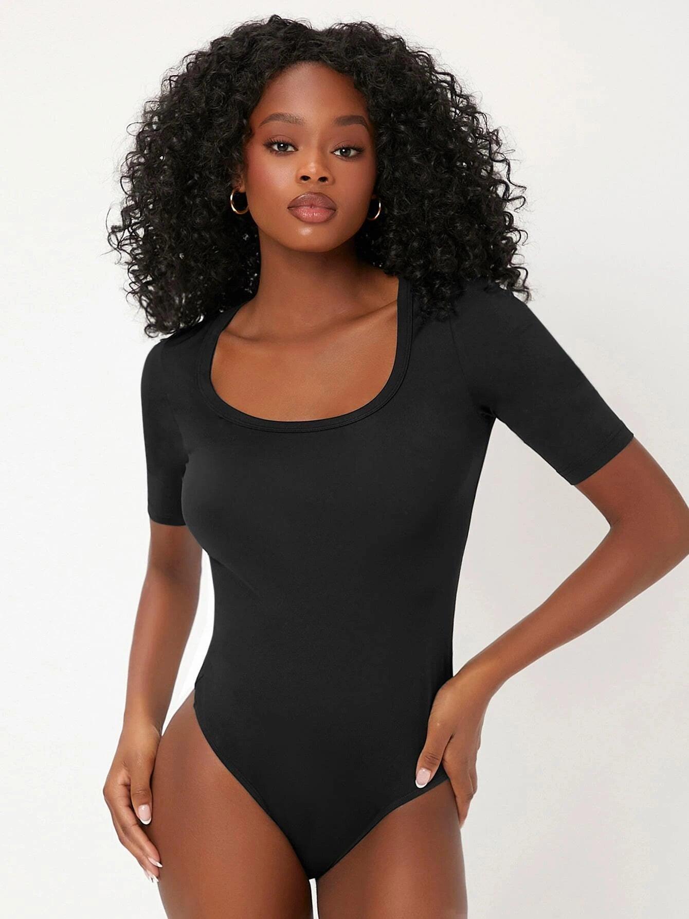 Solid Colored Scooped Neckline Bodysuit-Comfy Jumpsuits