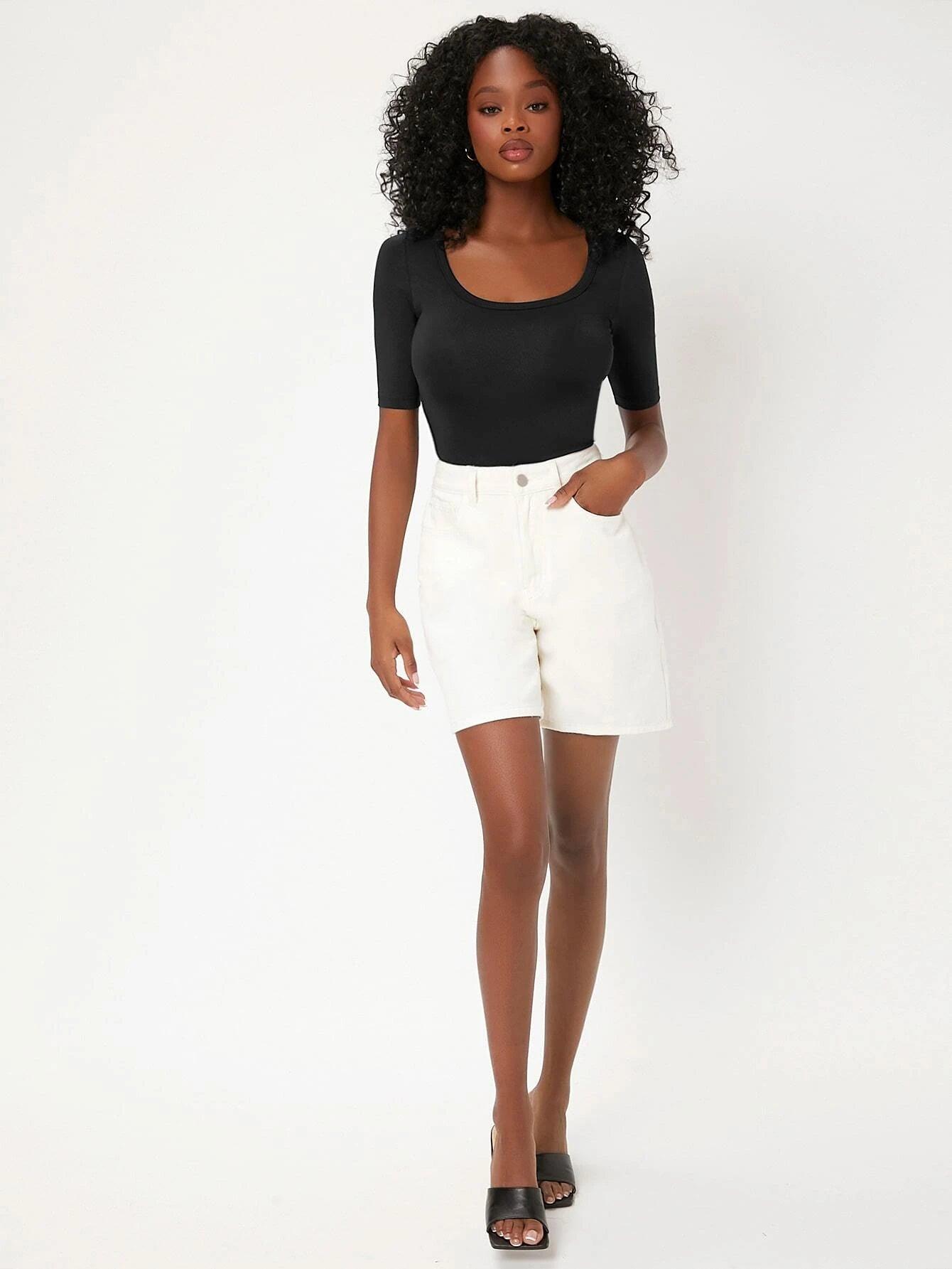 Solid Colored Scooped Neckline Bodysuit-Comfy Jumpsuits