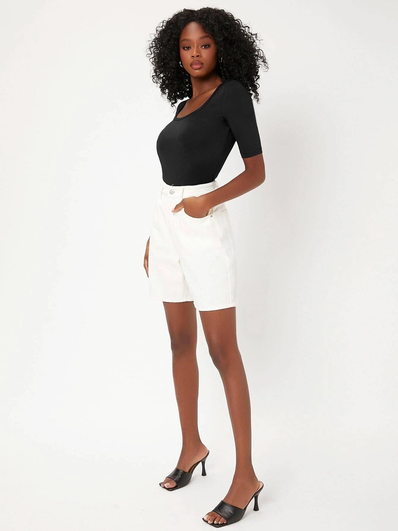 Solid Colored Scooped Neckline Bodysuit-Comfy Jumpsuits