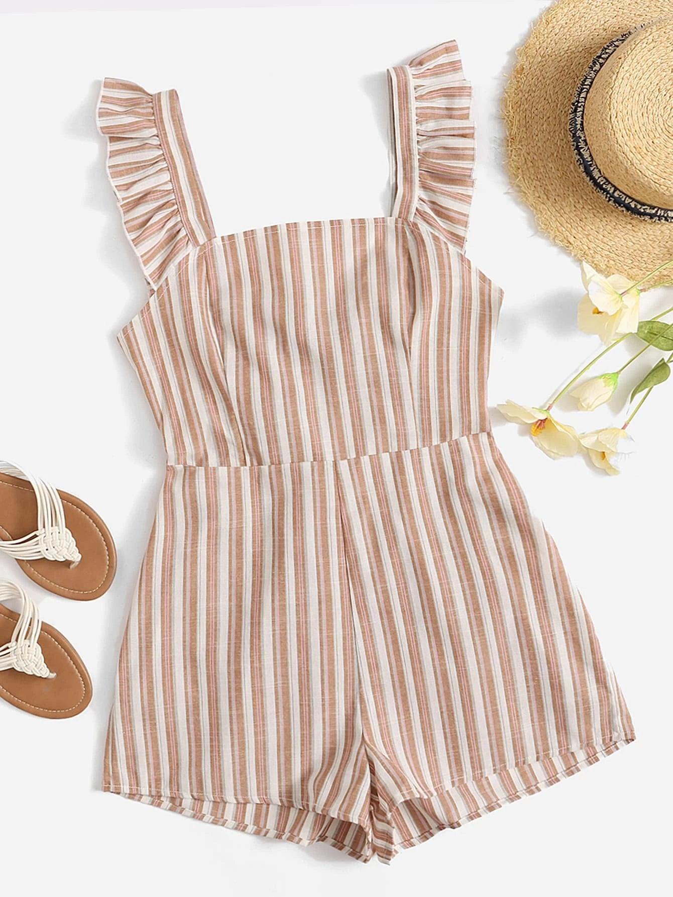 Striped Ruffle Tie Back Jumpsuit-Comfy Jumpsuits
