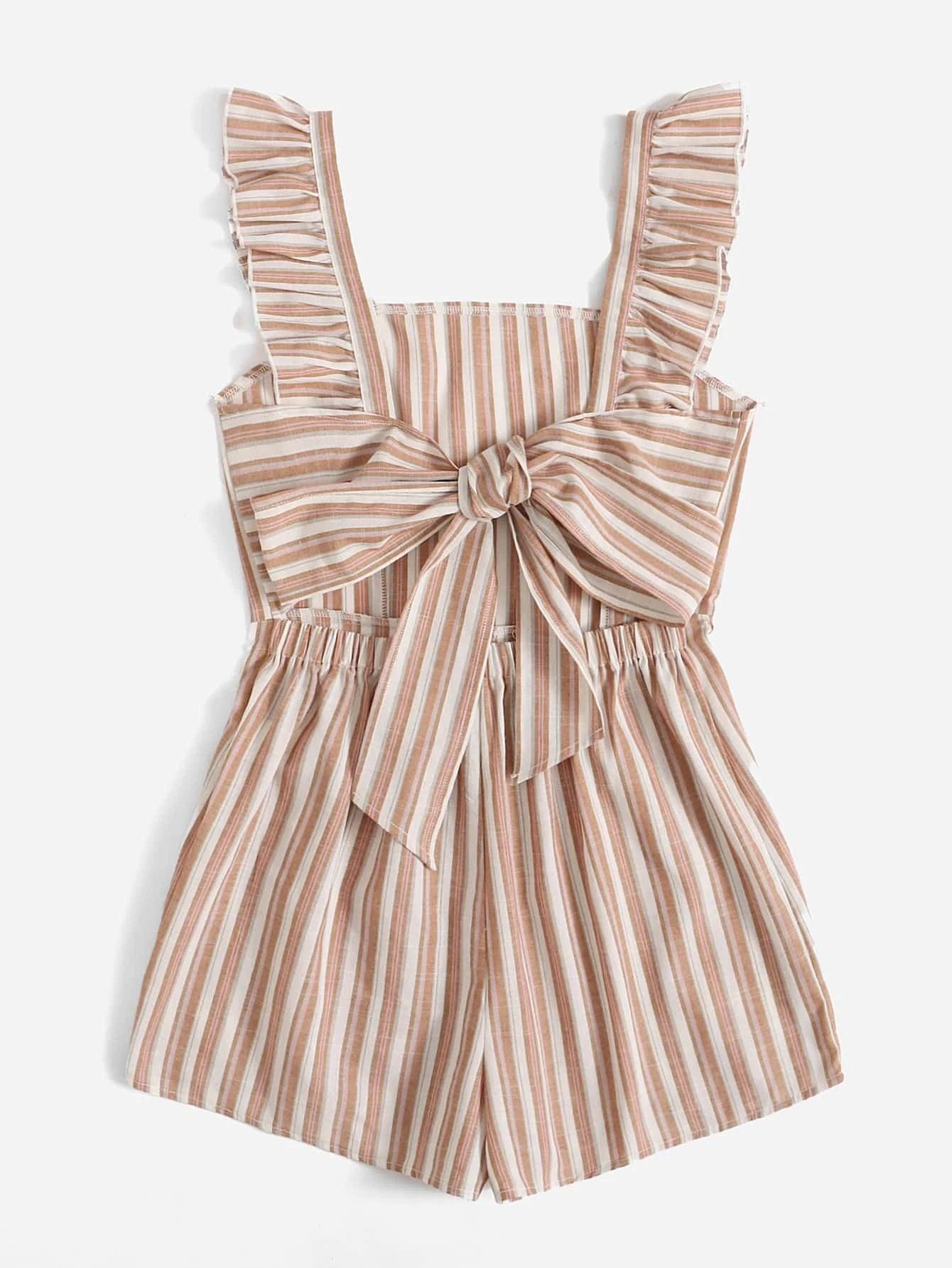 Striped Ruffle Tie Back Jumpsuit-Comfy Jumpsuits