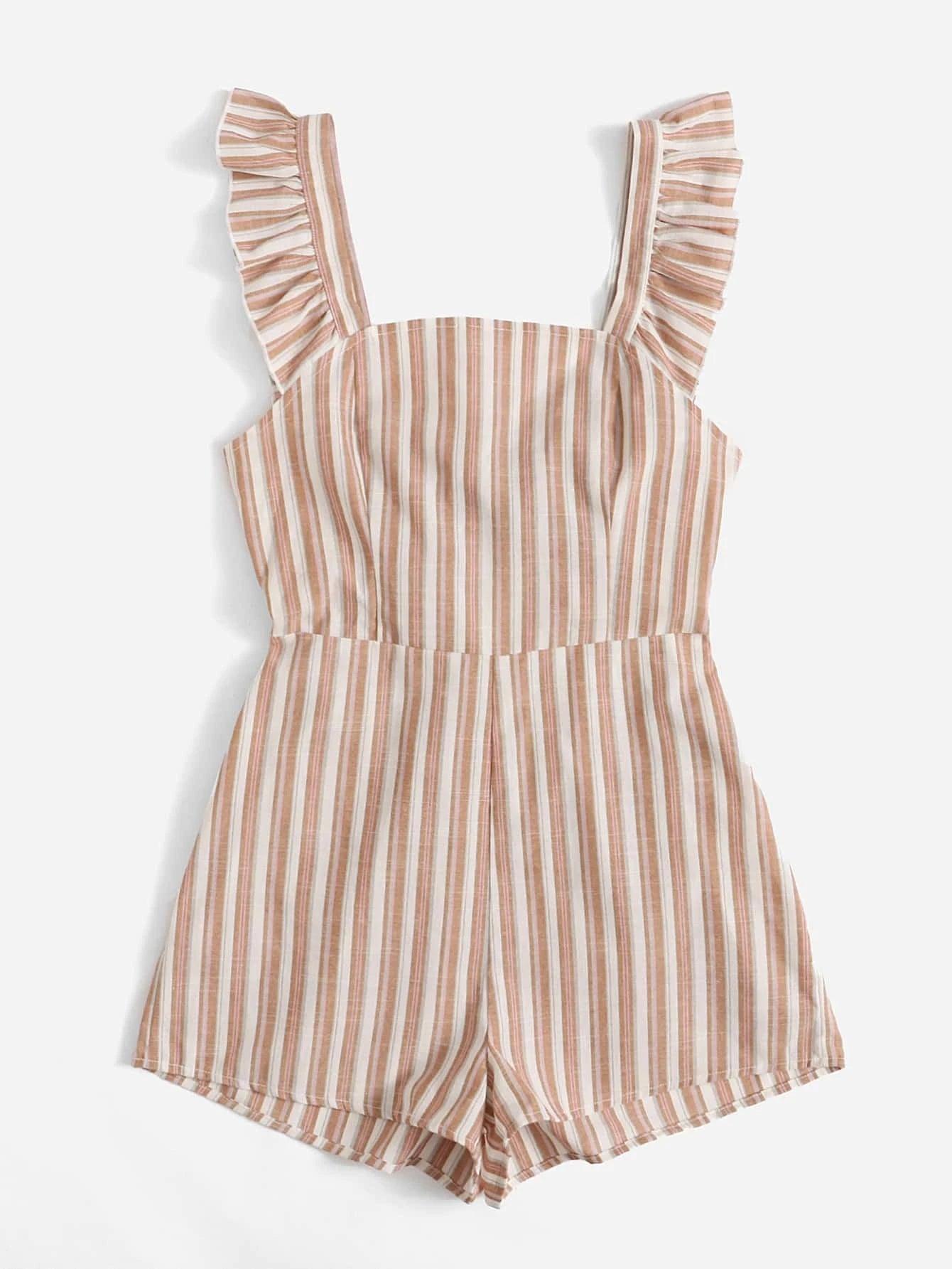 Striped Ruffle Tie Back Jumpsuit-Comfy Jumpsuits