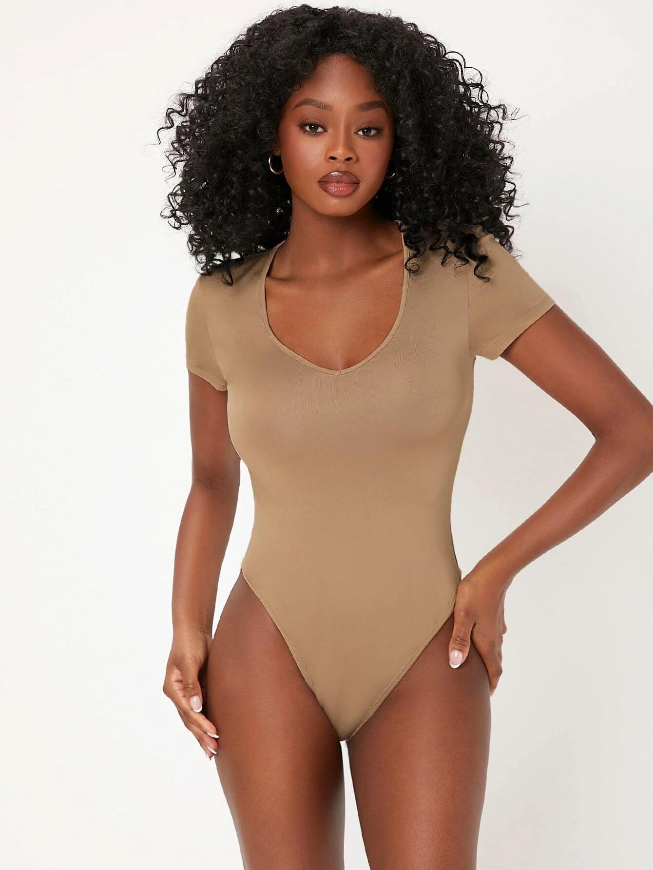 Casual V-Neck Bodysuit-Comfy Jumpsuits