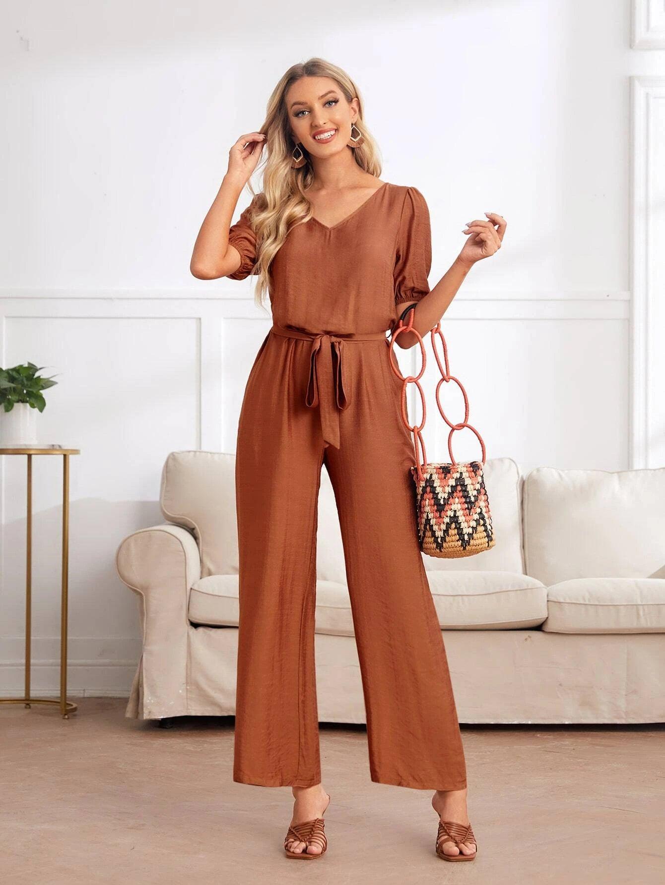 V-neck Puff Sleeve Jumpsuit-Comfy Jumpsuits