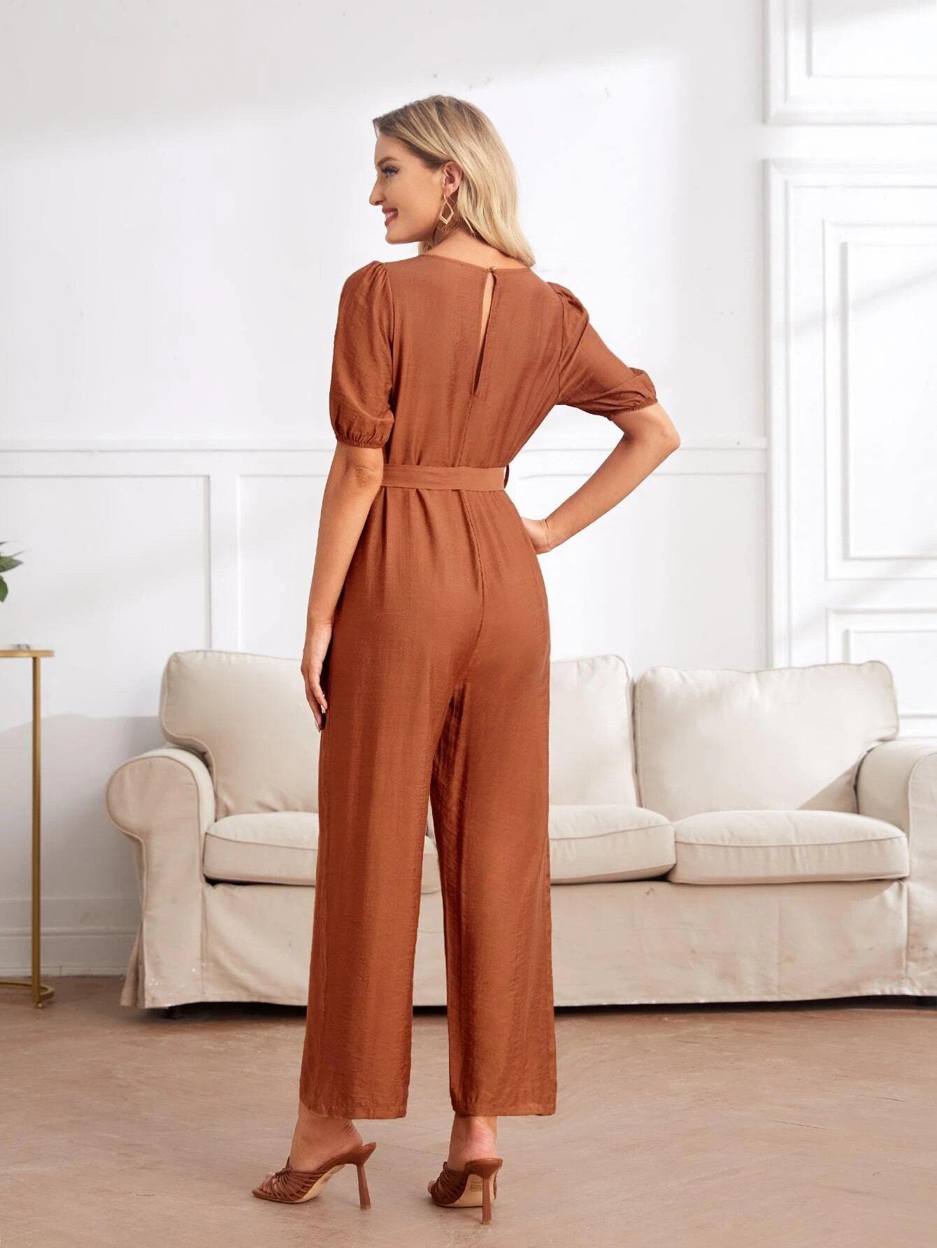 V-neck Puff Sleeve Jumpsuit-Comfy Jumpsuits
