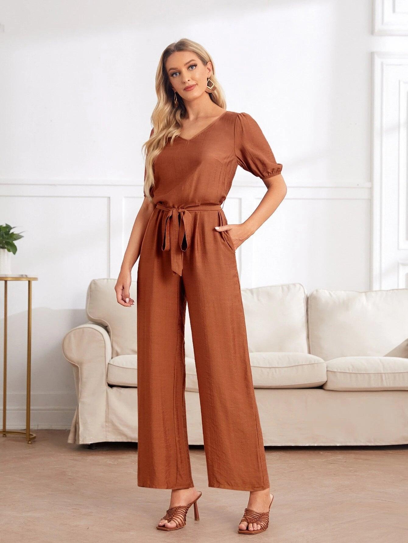 V-neck Puff Sleeve Jumpsuit-Comfy Jumpsuits