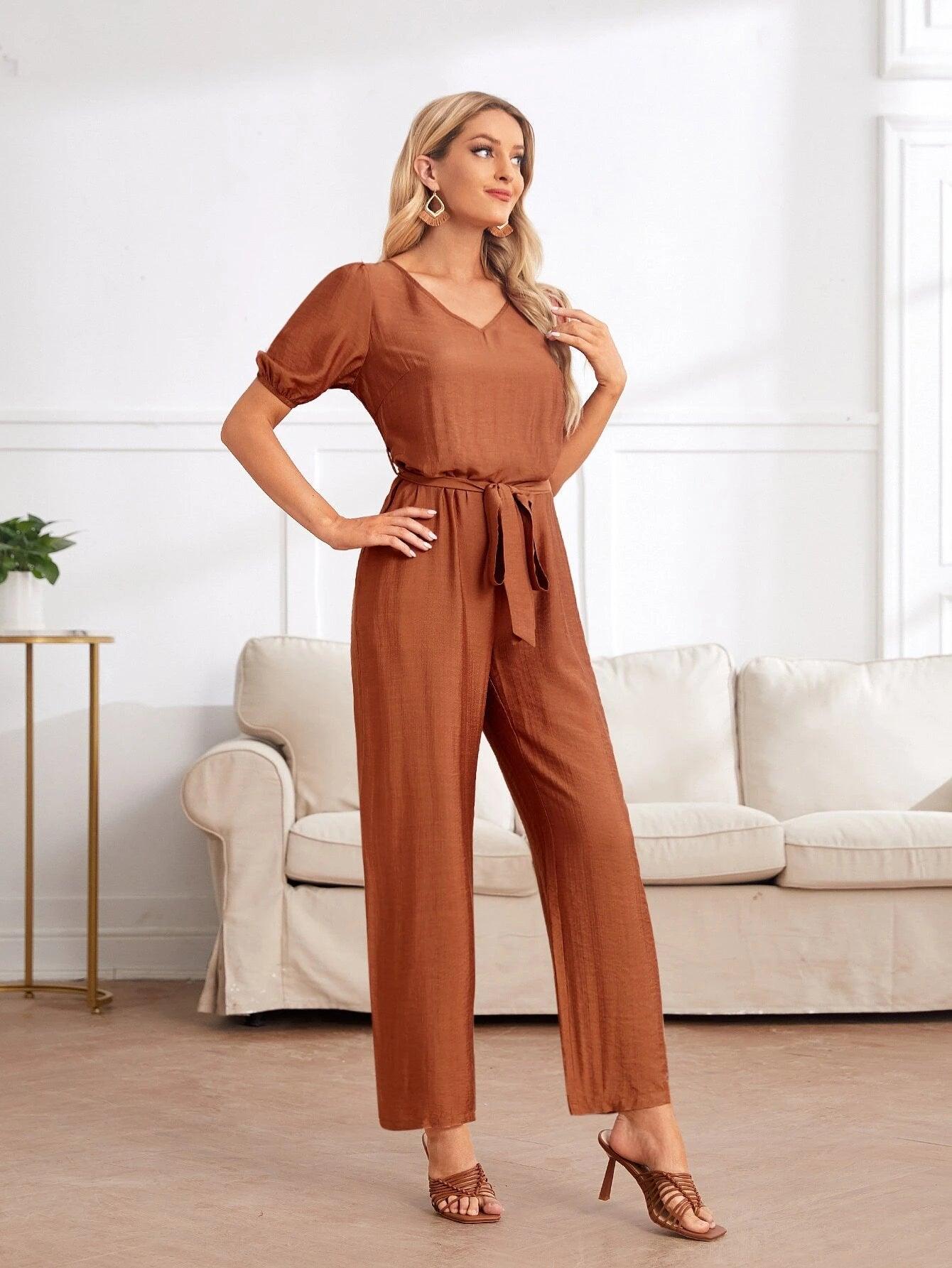 V-neck Puff Sleeve Jumpsuit-Comfy Jumpsuits
