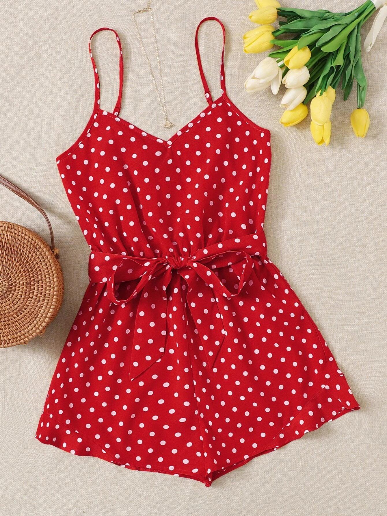 Belted Polka Dot Cami Romper-Comfy Jumpsuits