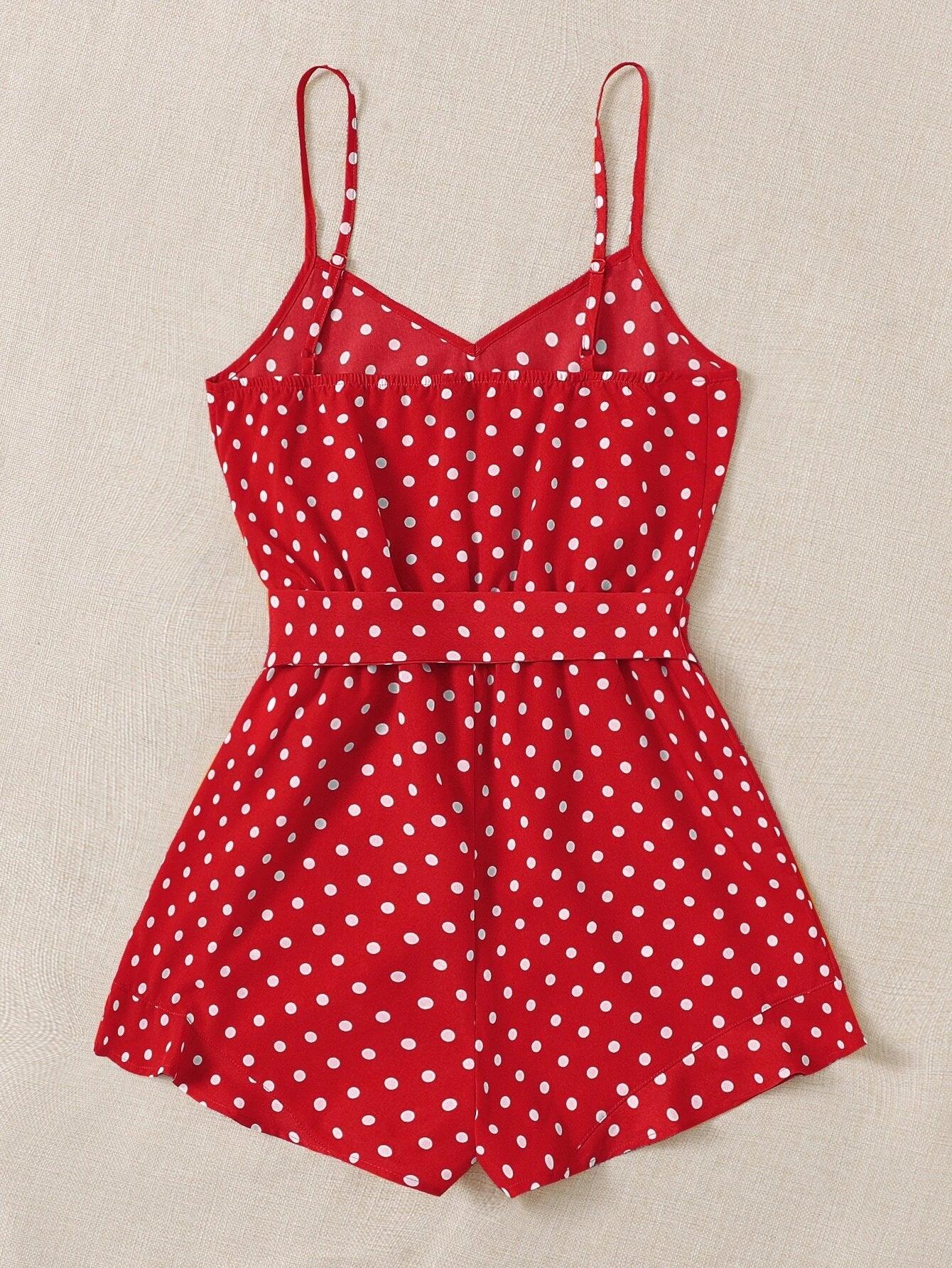 Belted Polka Dot Cami Romper-Comfy Jumpsuits