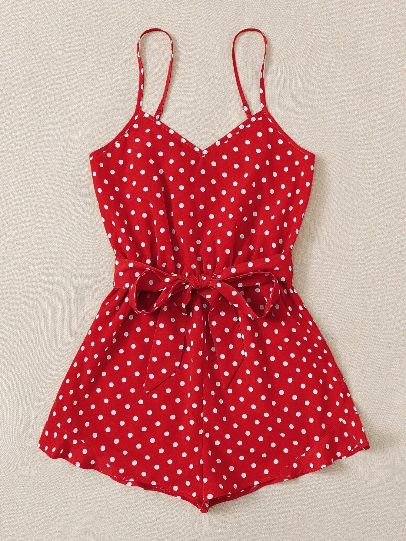 Belted Polka Dot Cami Romper-Comfy Jumpsuits