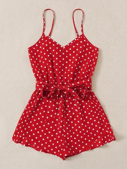 Belted Polka Dot Cami Romper-Comfy Jumpsuits