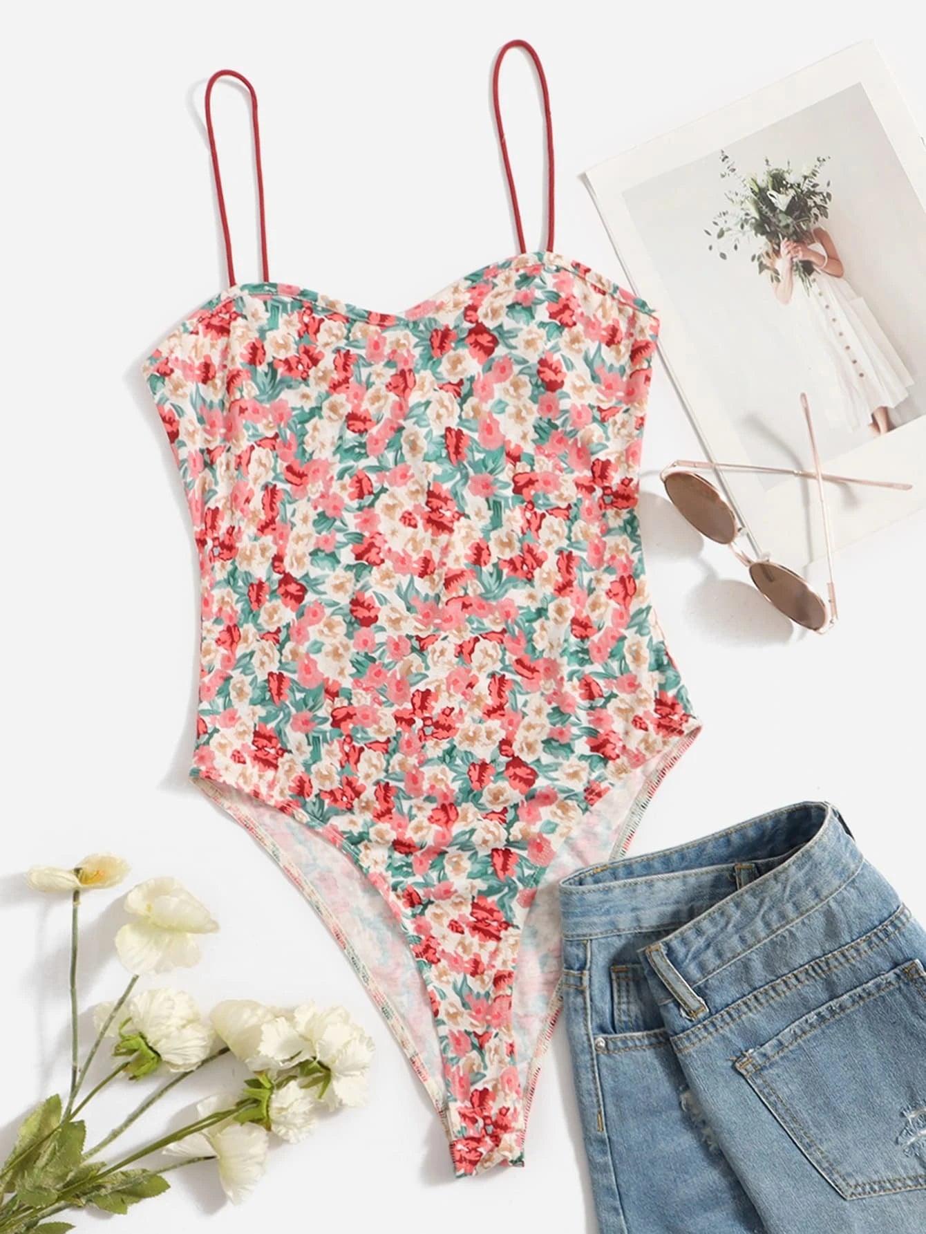 Floral Sleeveless Cami Bodysuit-Comfy Jumpsuits