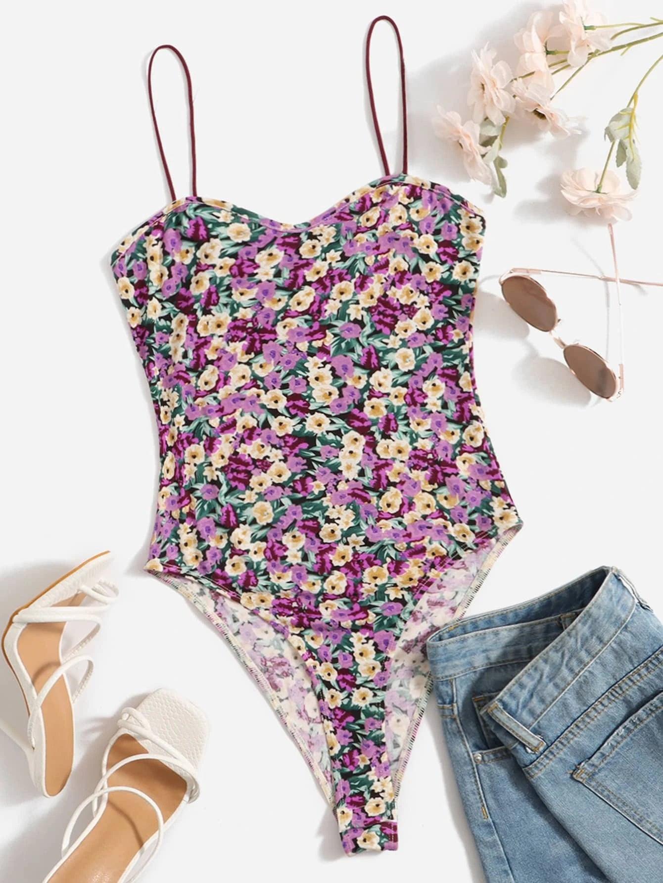 Floral Sleeveless Cami Bodysuit-Comfy Jumpsuits