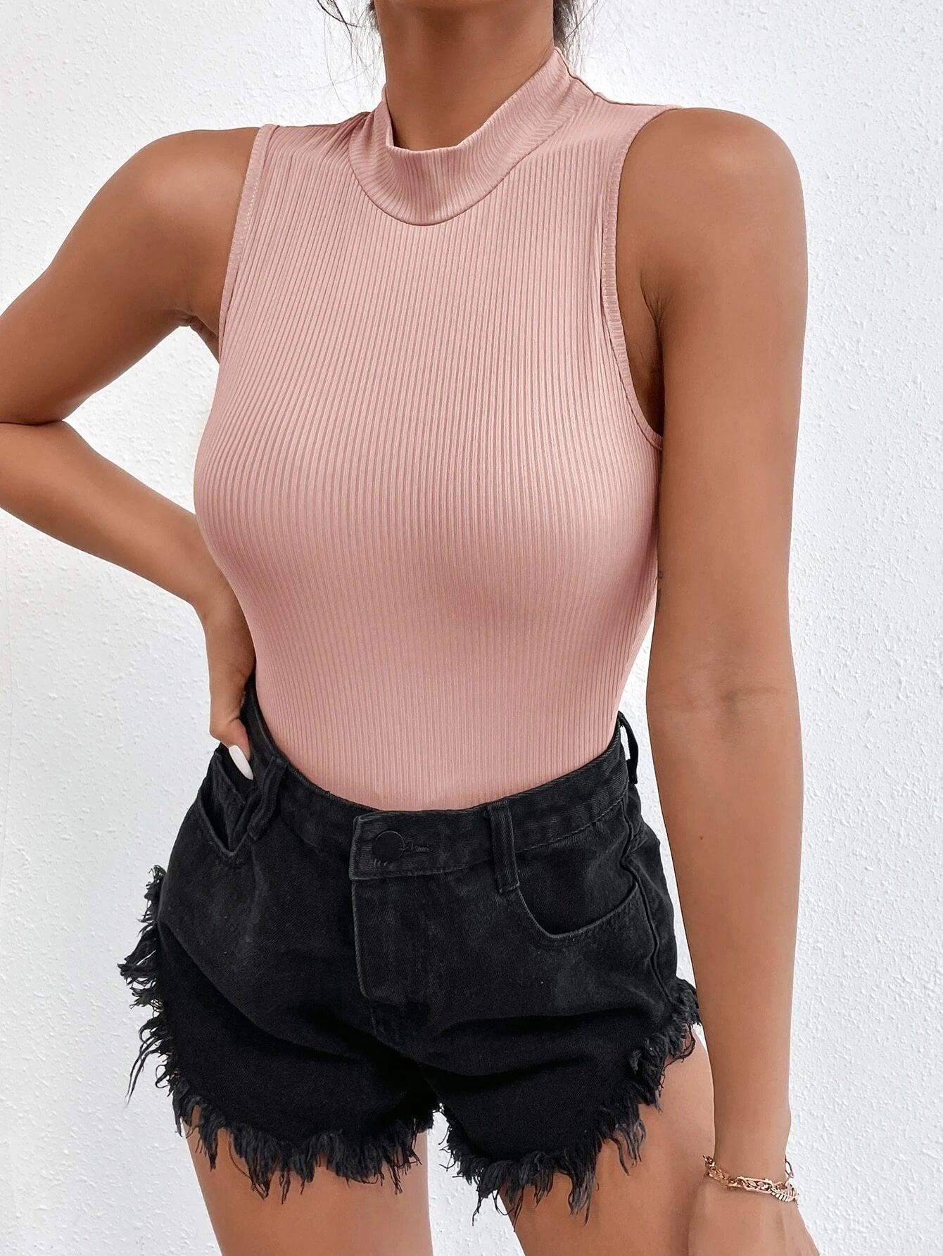 Solid Colored Mock Neck Bodysuit-Comfy Jumpsuits