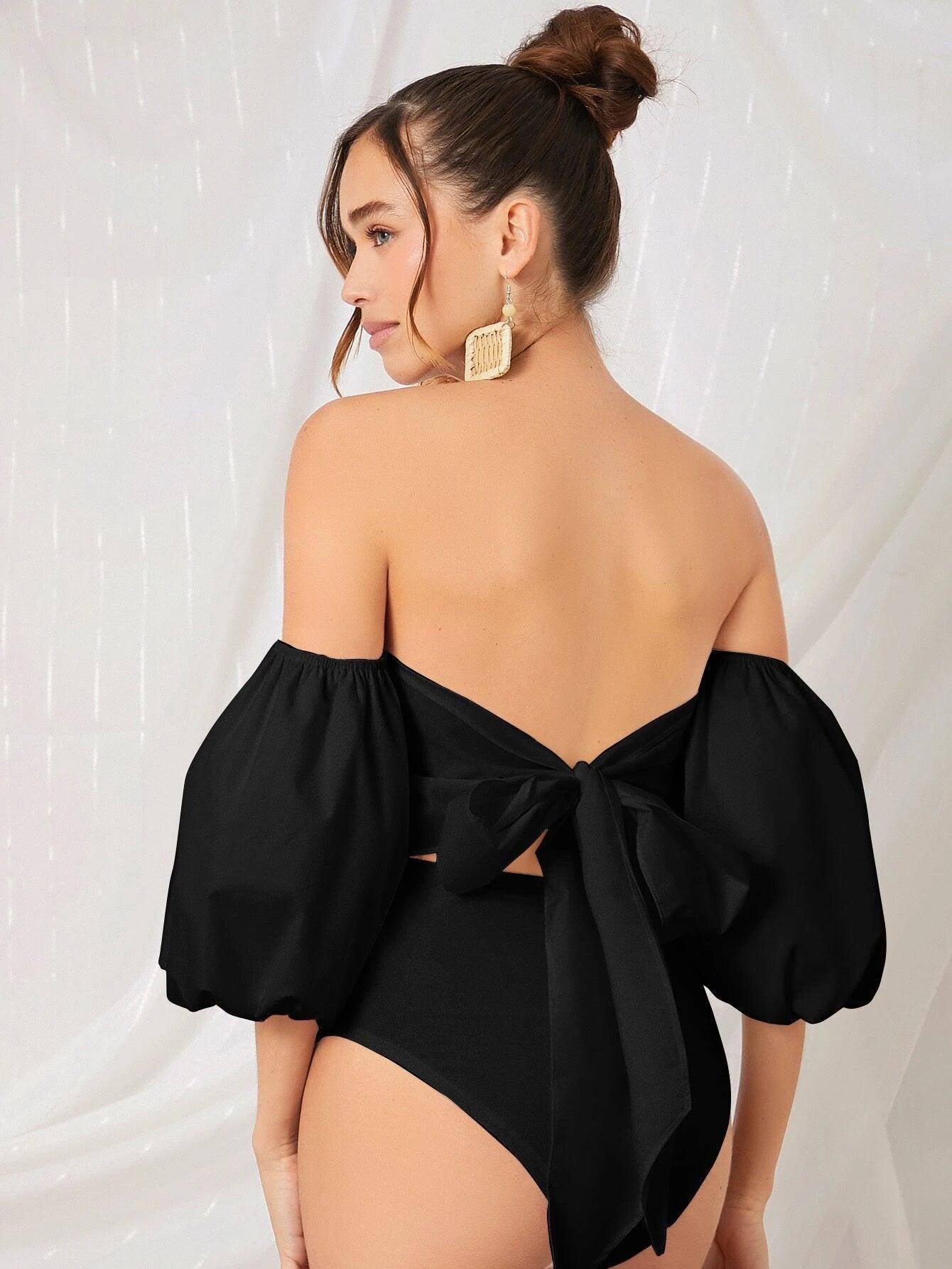Off Shoulder Puff Sleeve Tied Backless Bodysuit-Comfy Jumpsuits
