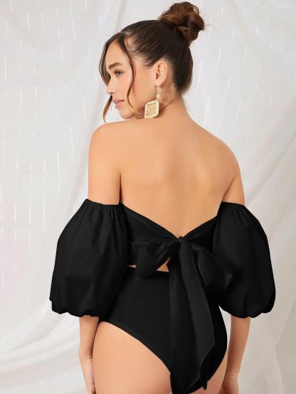 Off Shoulder Puff Sleeve Tied Backless Bodysuit-Comfy Jumpsuits