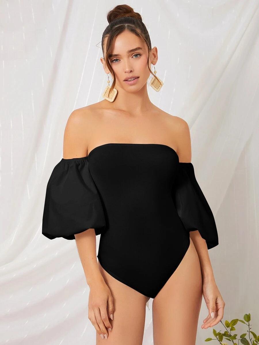Off Shoulder Puff Sleeve Tied Backless Bodysuit-Comfy Jumpsuits