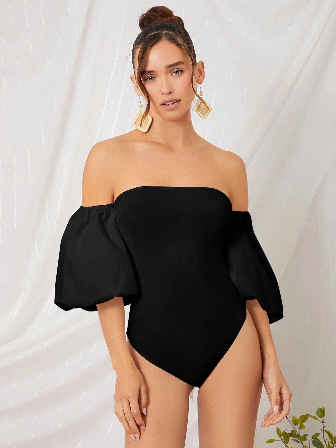 Off Shoulder Puff Sleeve Tied Backless Bodysuit-Comfy Jumpsuits