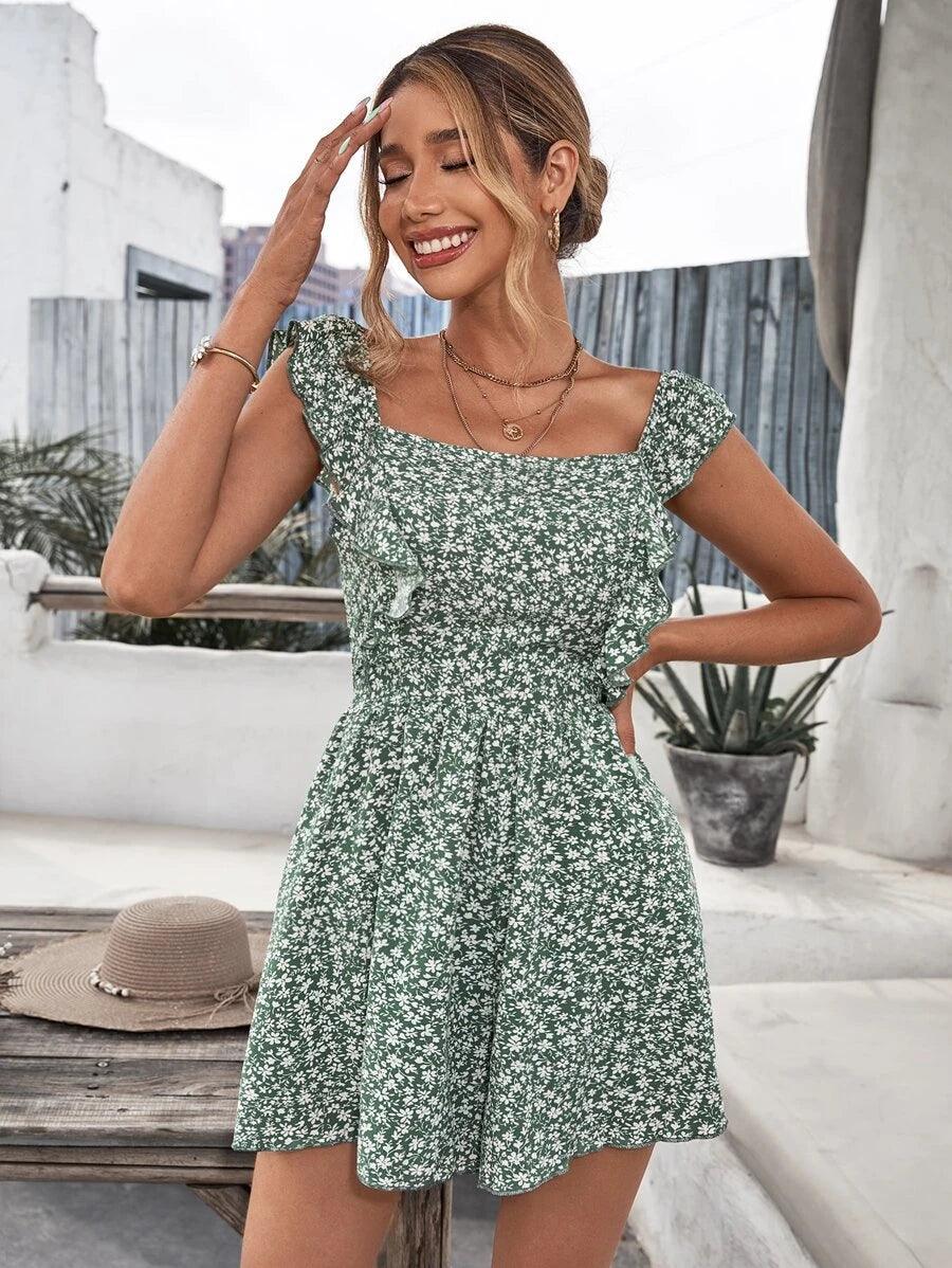 Floral Knot Back Square Neck Romper-Comfy Jumpsuits