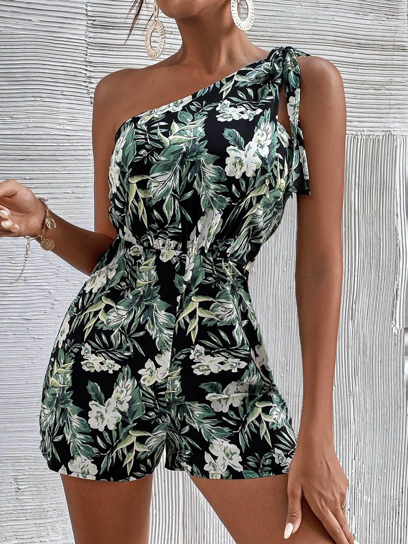 Tropical Print One Shoulder Jumpsuit-Comfy Jumpsuits