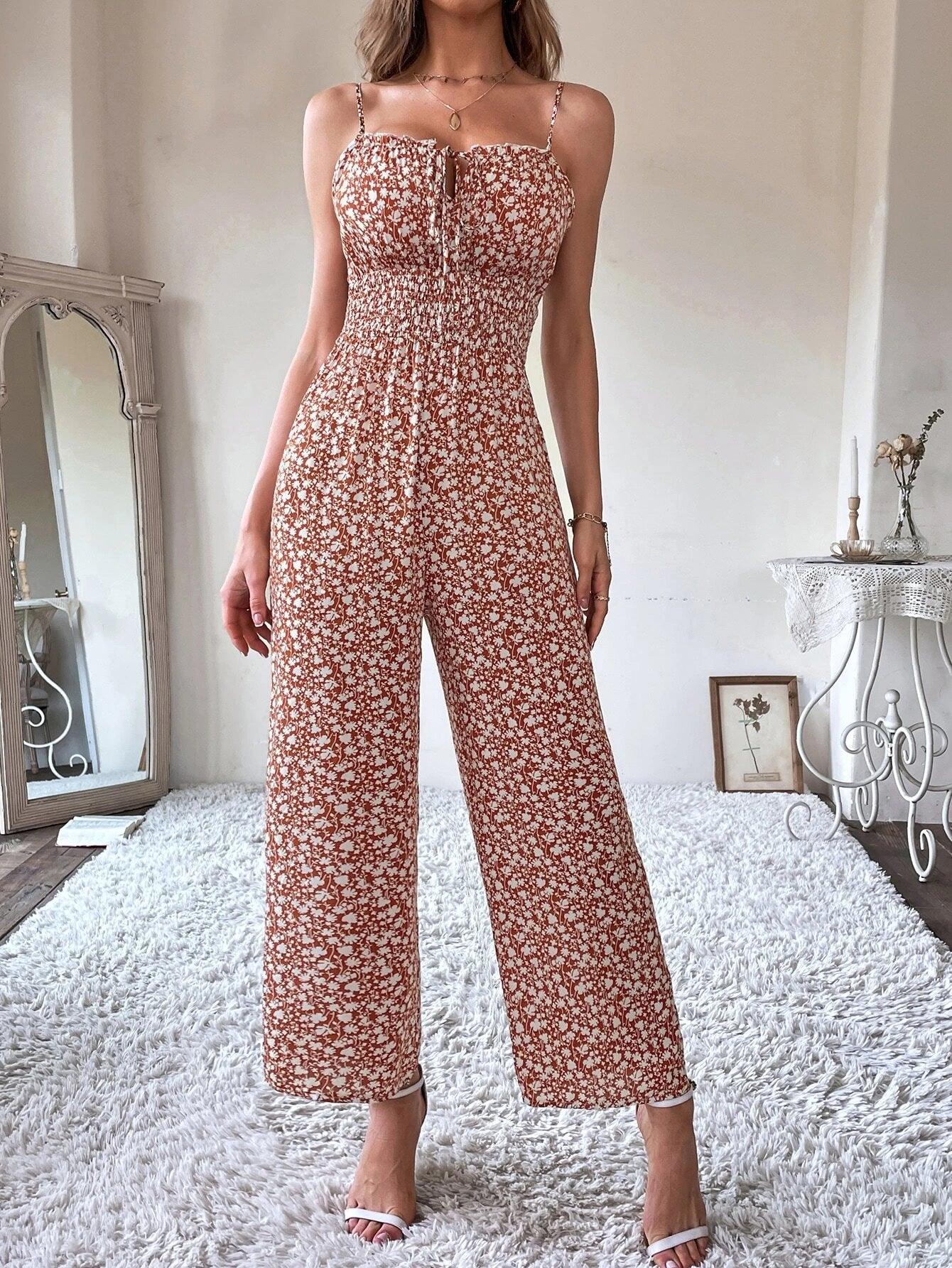 Ditsy Floral Tie Front Shirred Waist Cami Jumpsuit-Comfy Jumpsuits