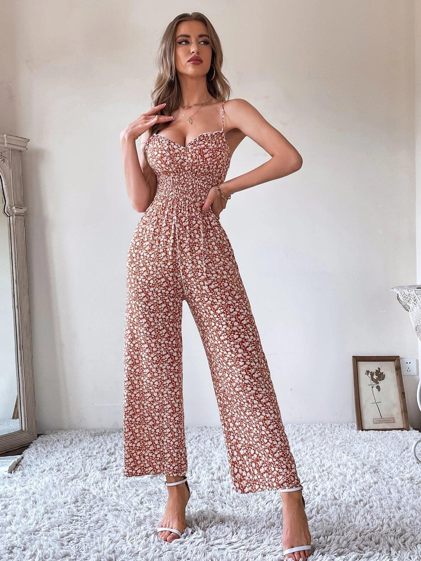 Ditsy Floral Tie Front Shirred Waist Cami Jumpsuit-Comfy Jumpsuits