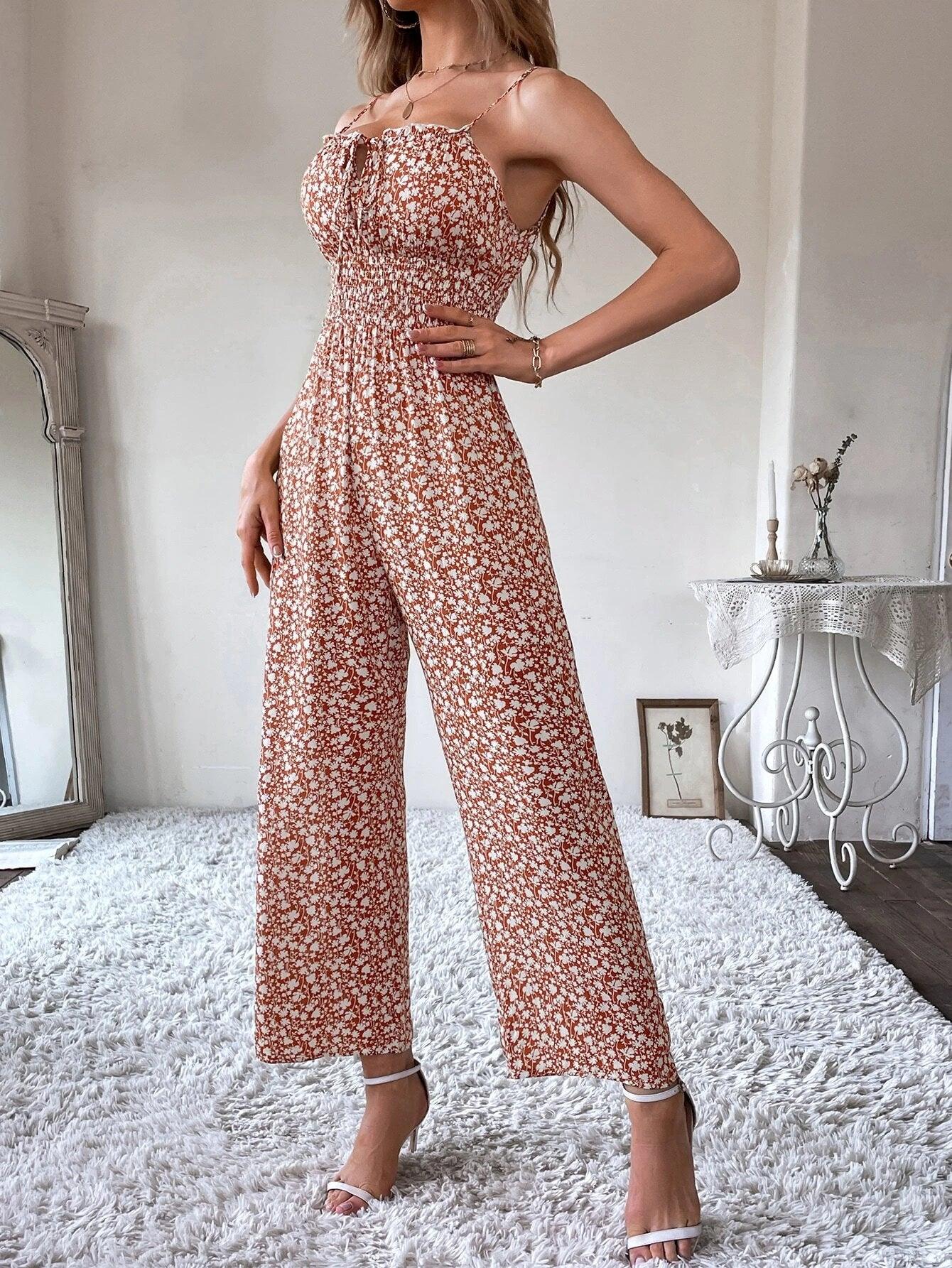 Ditsy Floral Tie Front Shirred Waist Cami Jumpsuit-Comfy Jumpsuits