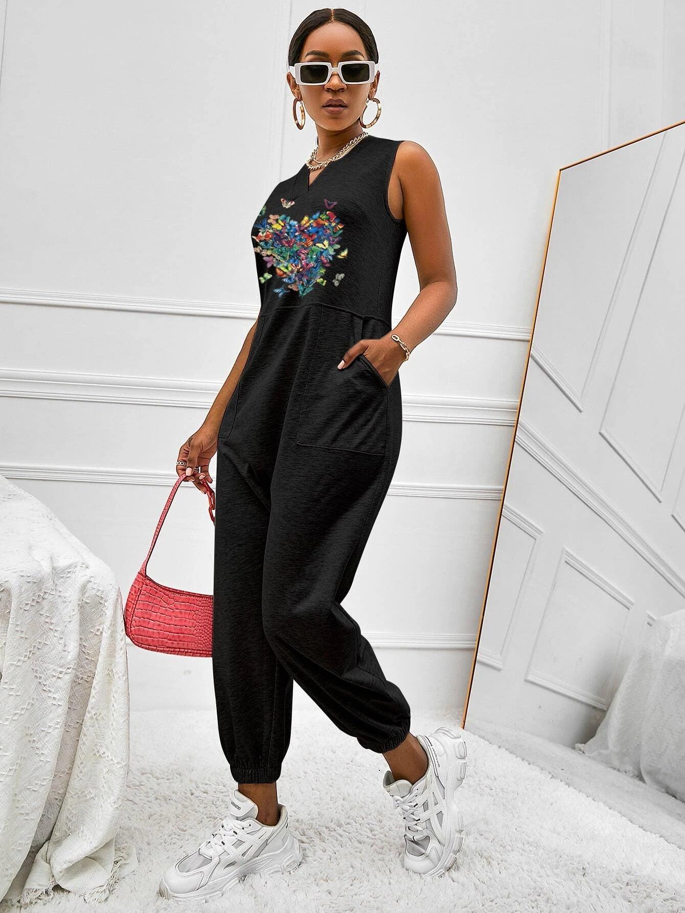 Butterfly Print Slant Pockets Tank Jumpsuit-Comfy Jumpsuits
