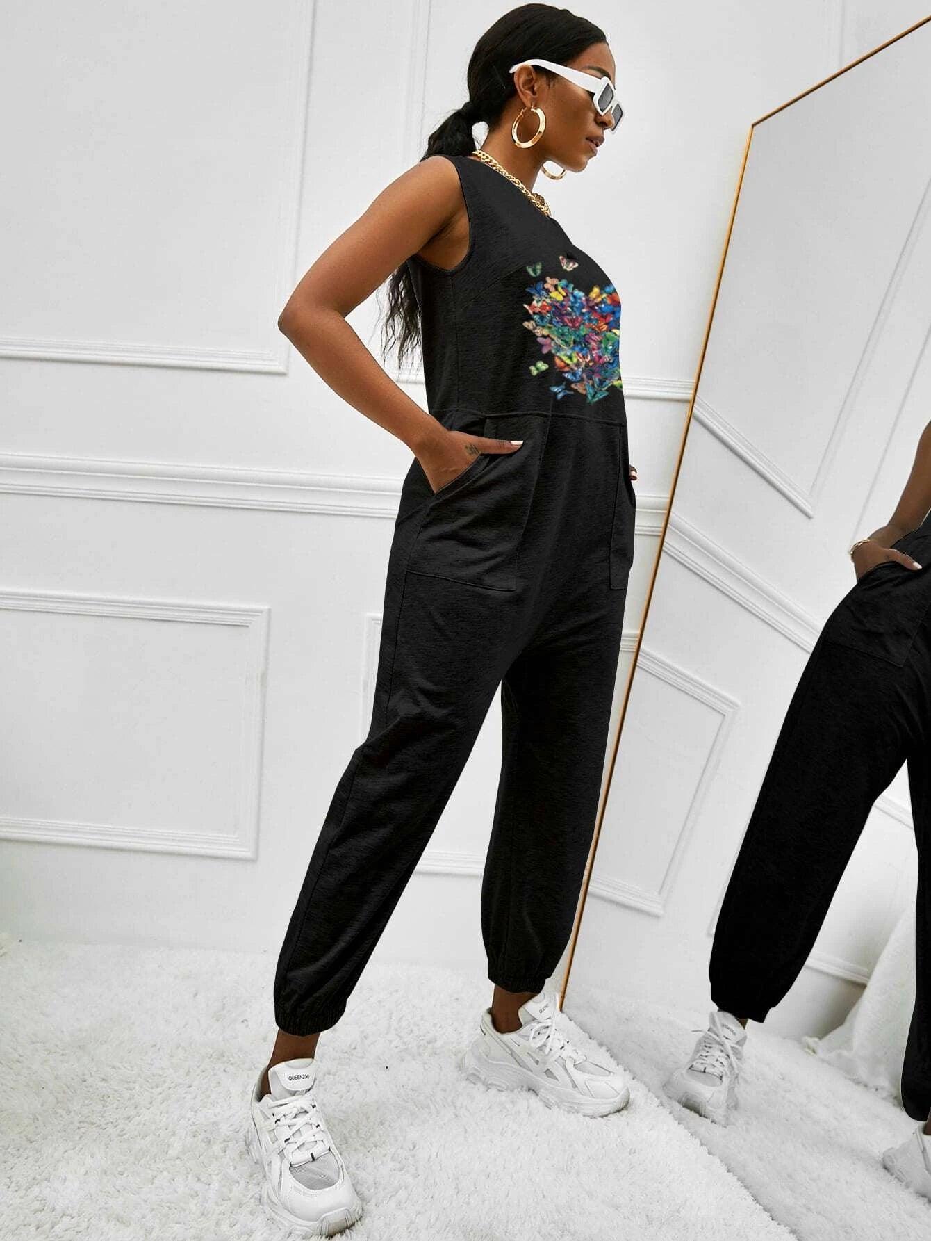 Butterfly Print Slant Pockets Tank Jumpsuit-Comfy Jumpsuits