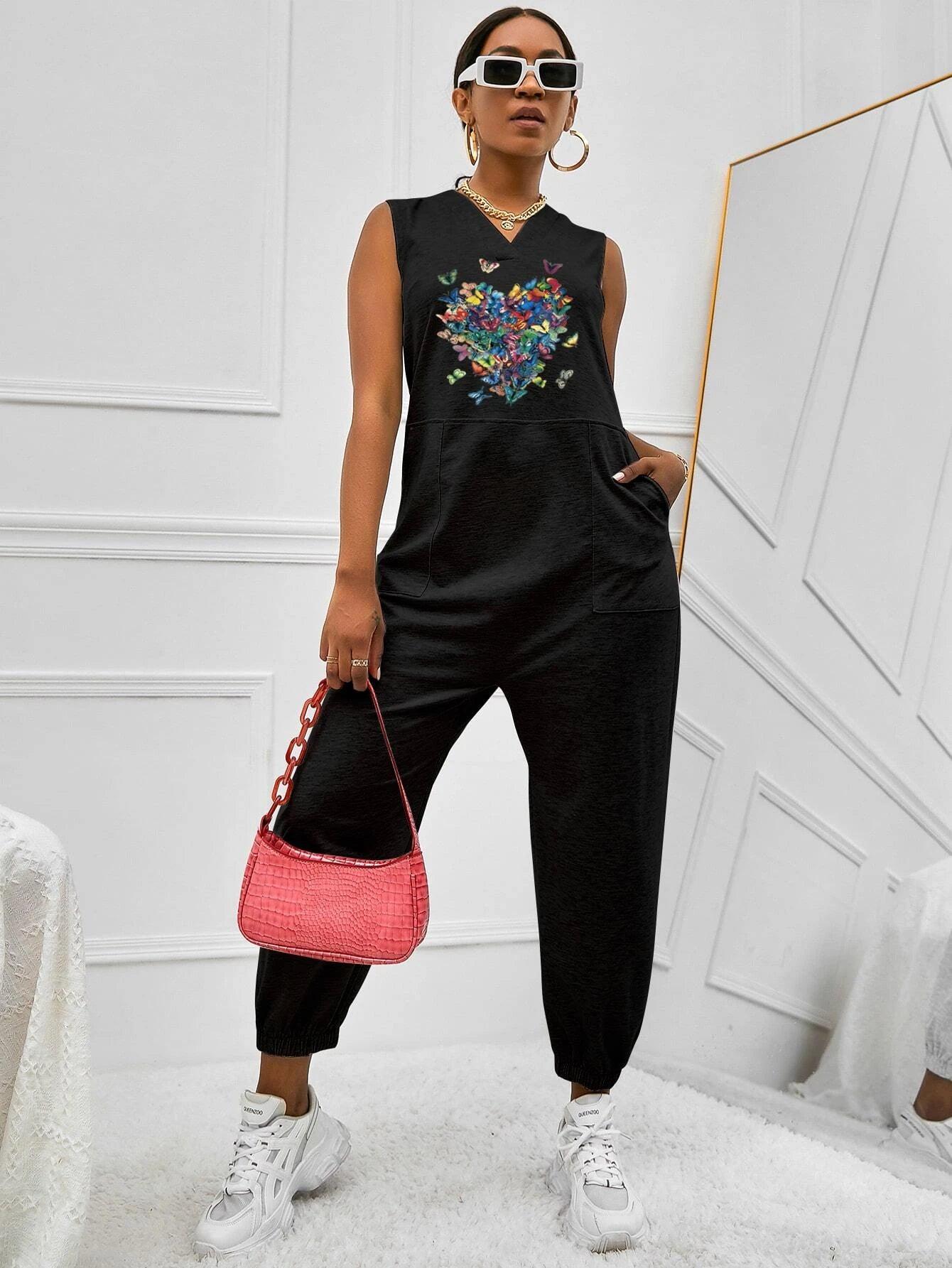 Butterfly Print Slant Pockets Tank Jumpsuit-Comfy Jumpsuits