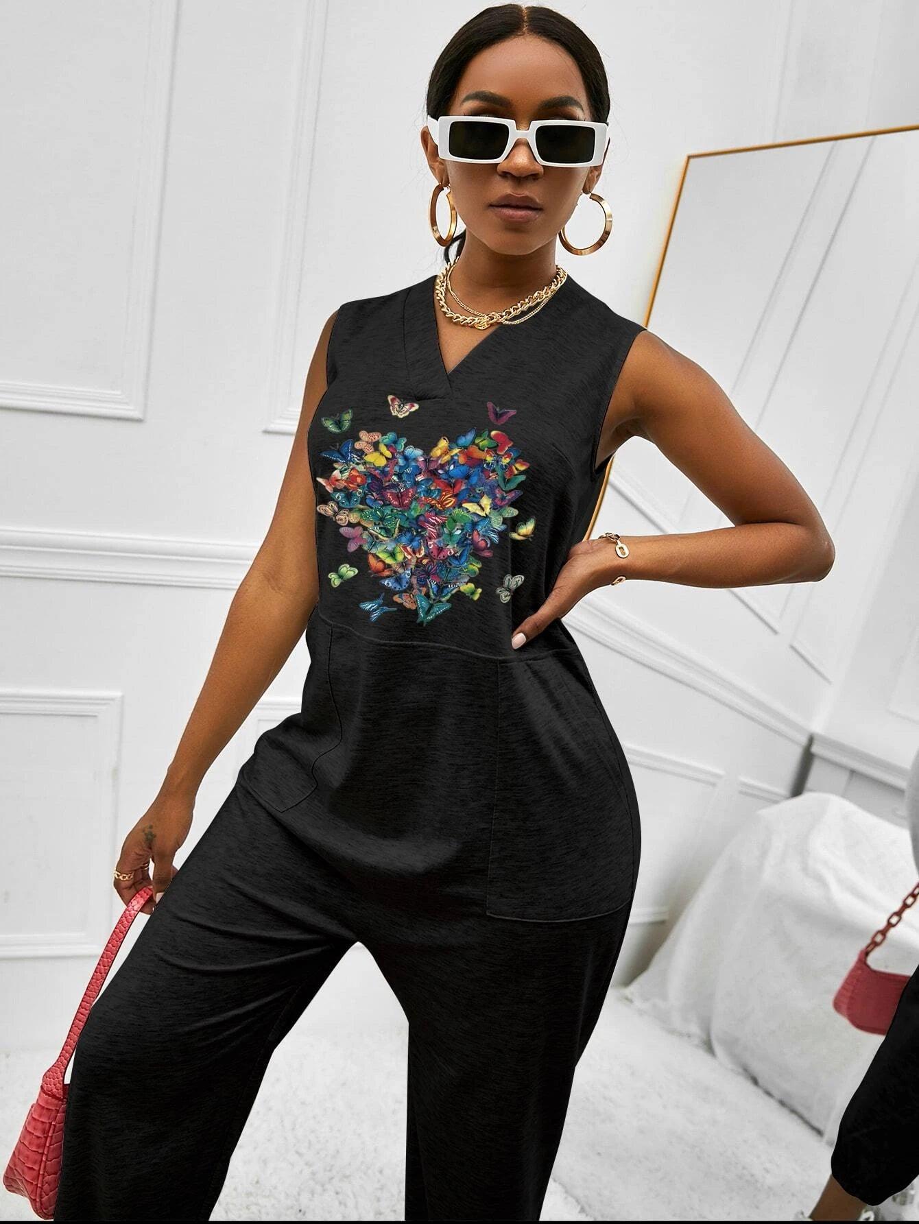 Butterfly Print Slant Pockets Tank Jumpsuit-Comfy Jumpsuits