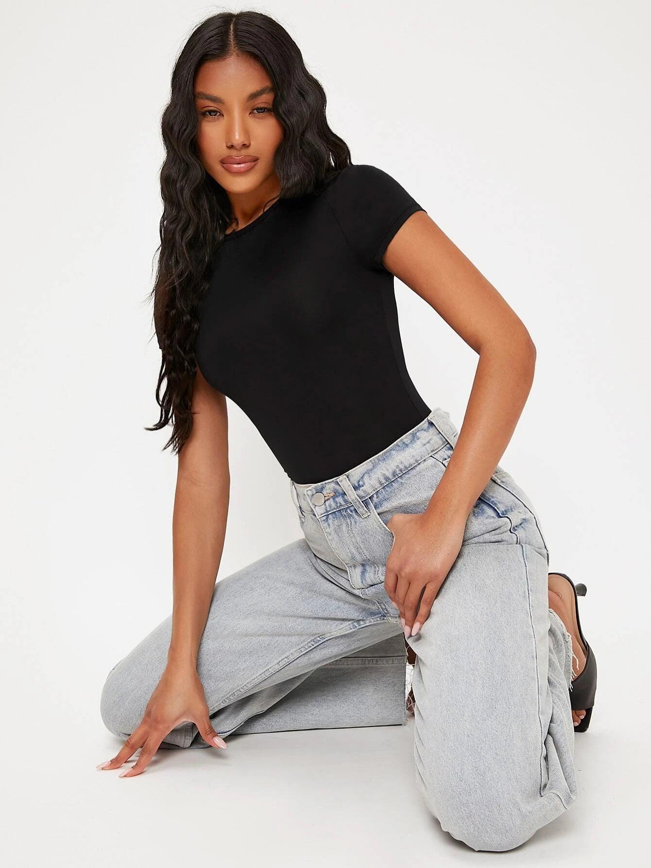 Solid Slim Cut Round Neck Bodysuit-Comfy Jumpsuits