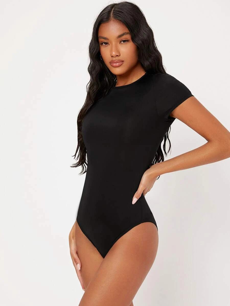 Solid Slim Cut Round Neck Bodysuit-Comfy Jumpsuits