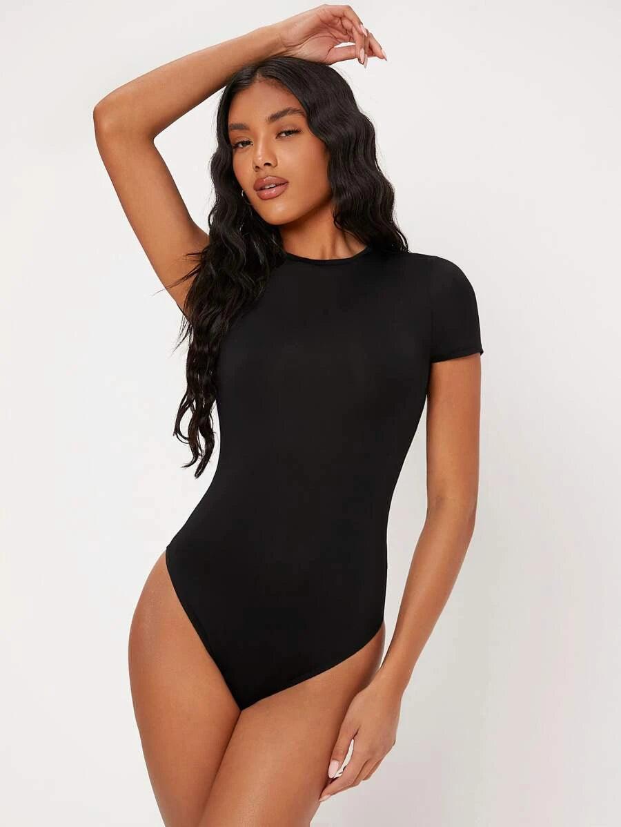 Solid Slim Cut Round Neck Bodysuit-Comfy Jumpsuits