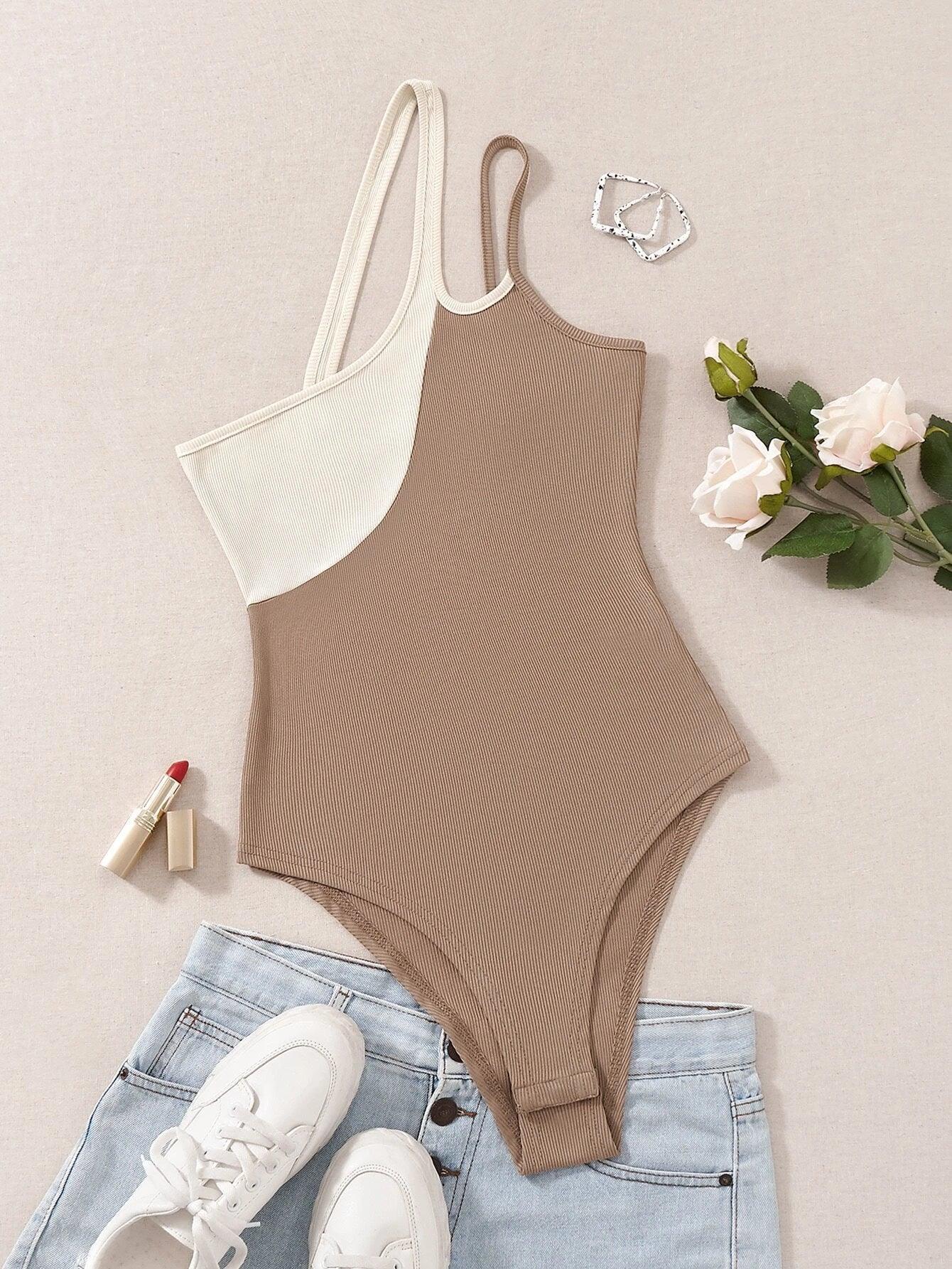 Colorblock One Shoulder Bodysuit-Comfy Jumpsuits