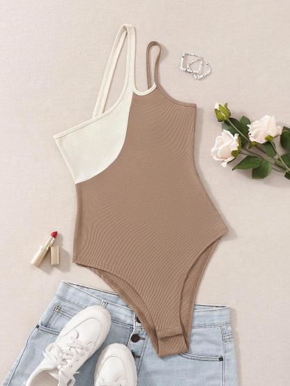 Colorblock One Shoulder Bodysuit-Comfy Jumpsuits