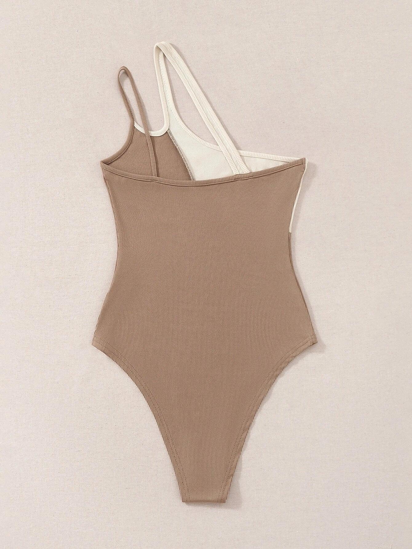 Colorblock One Shoulder Bodysuit-Comfy Jumpsuits