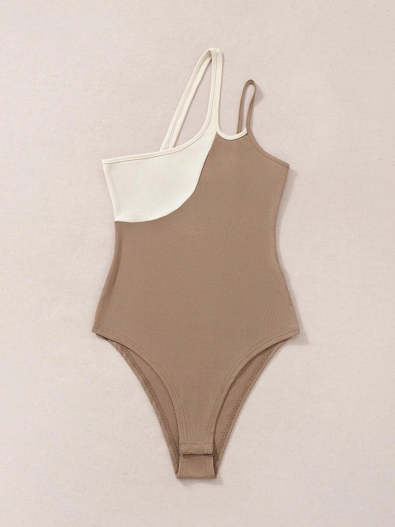 Colorblock One Shoulder Bodysuit-Comfy Jumpsuits