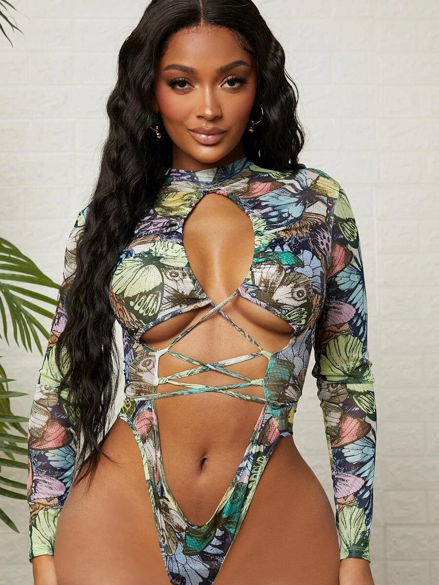 Butterfly Print Cut Out Lace Up Knot Mesh Bodysuit-Comfy Jumpsuits