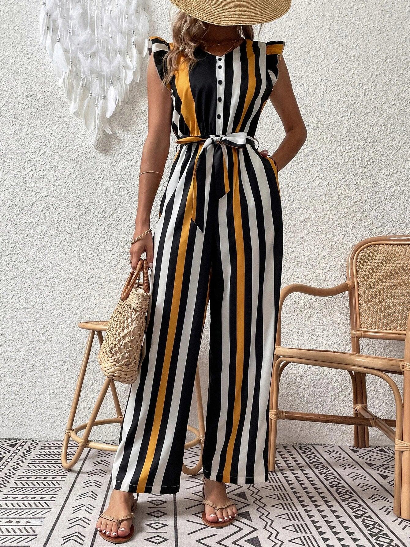 Ruffle Trim Striped Jumpsuit With Belt-Comfy Jumpsuits